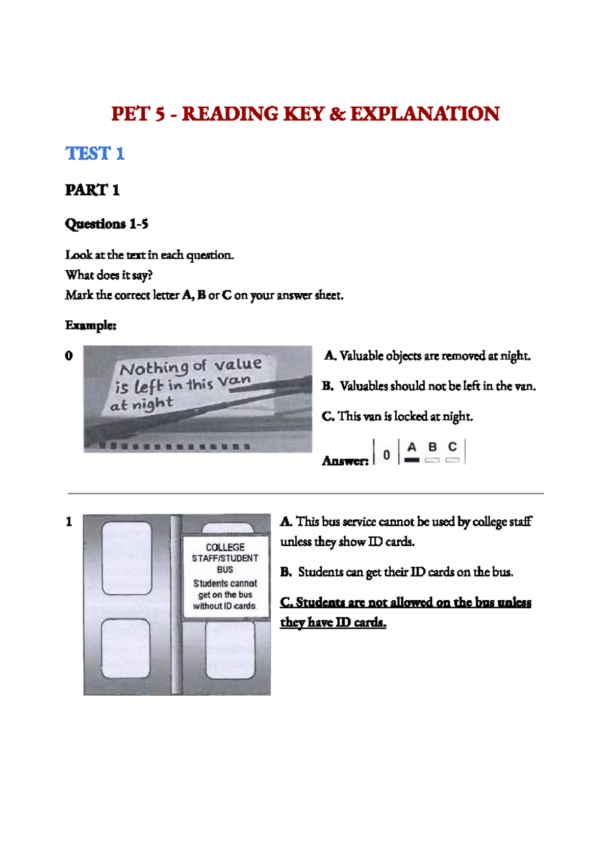 Reading Test 1 - Key Answers and Detailed Explanations - Studocu