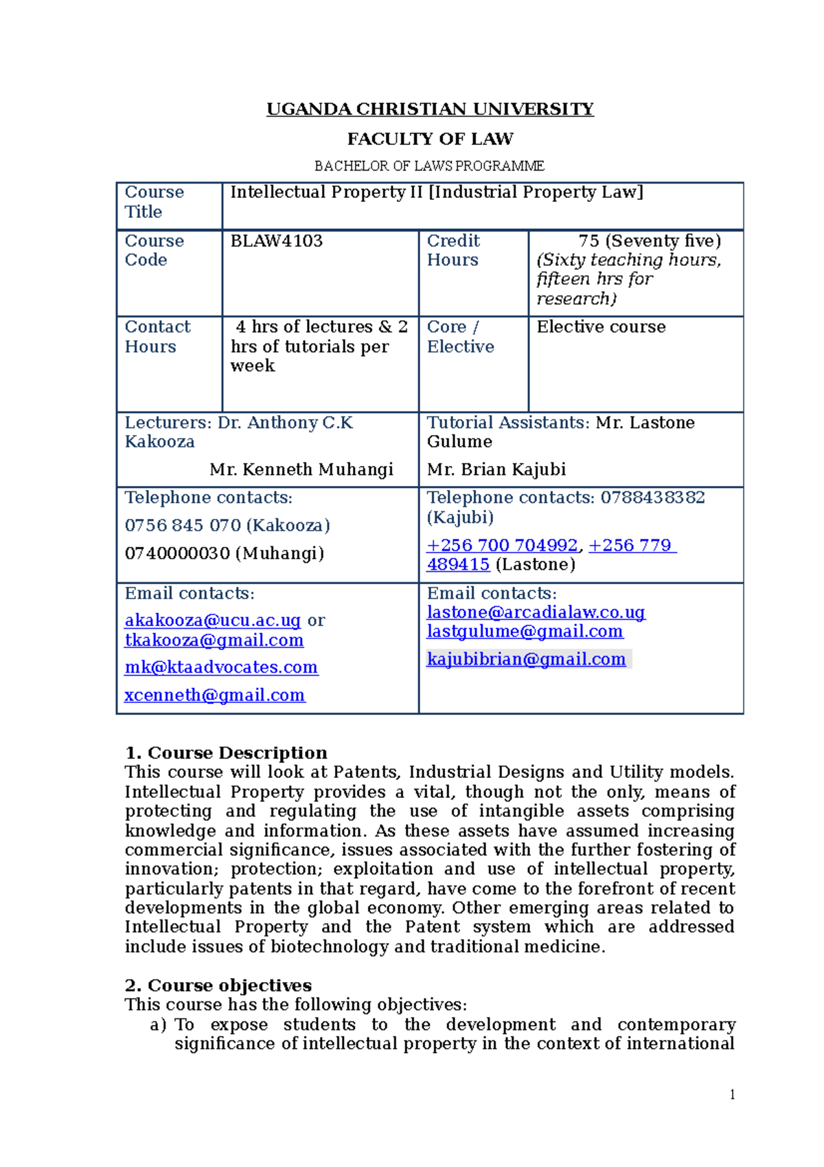 BLAW4103: Intellectual Property II Course Outline - Jan 2022 - Studocu