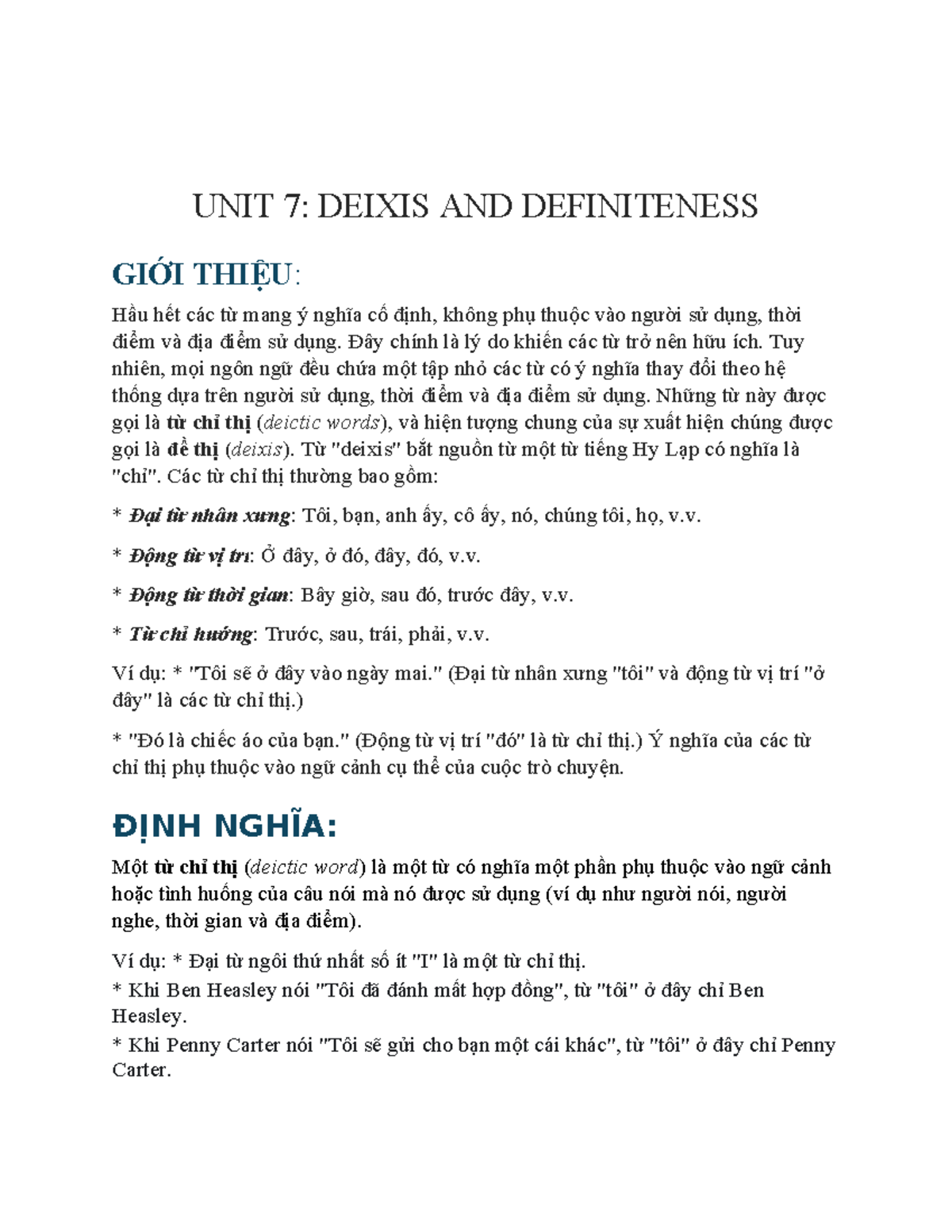 UNIT 7: Deixis and Definiteness in Language Concepts - Studocu