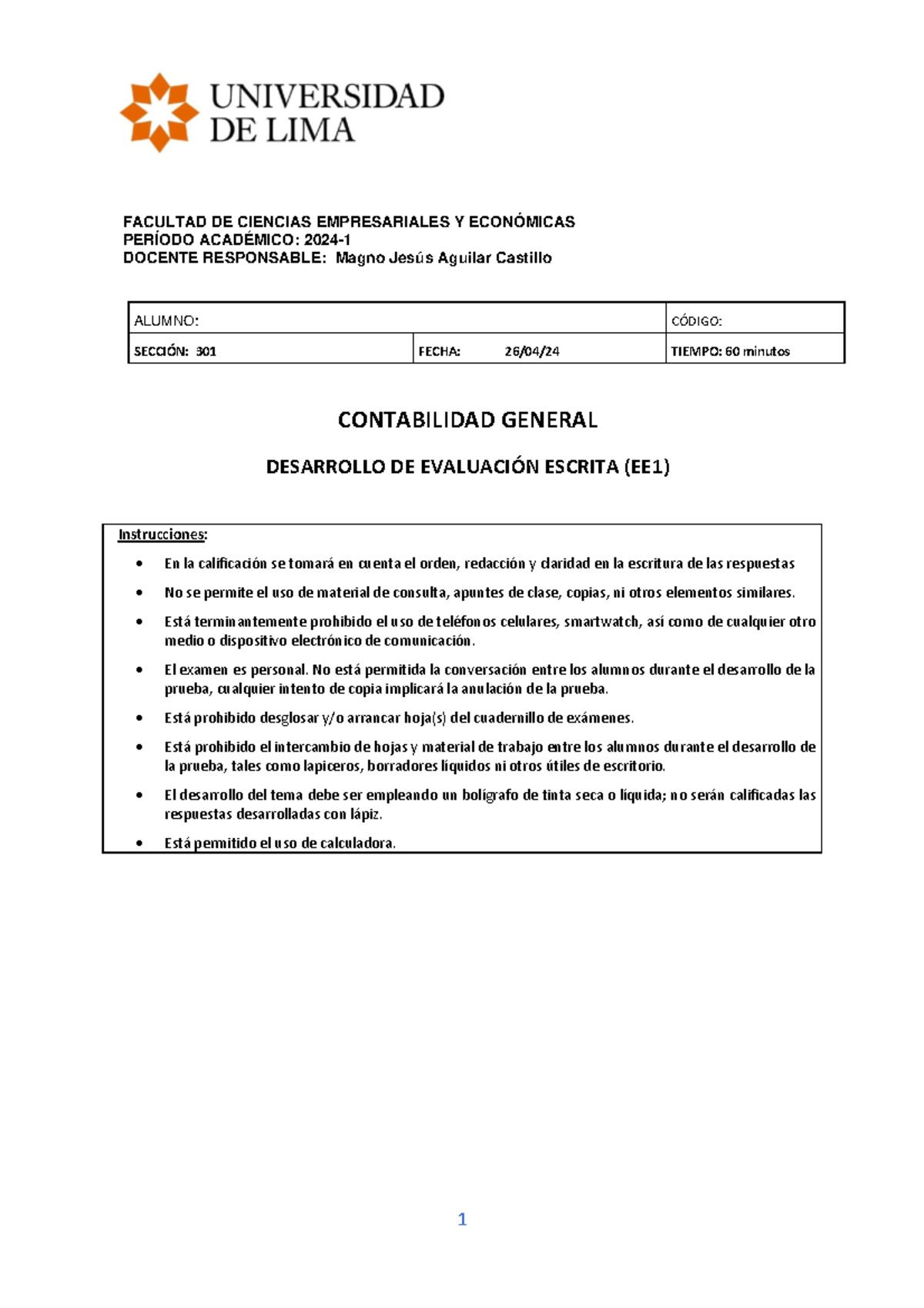 Desarrollo EE1 - Examen Escrito de Contabilidad General Semana 4 - Document Preview