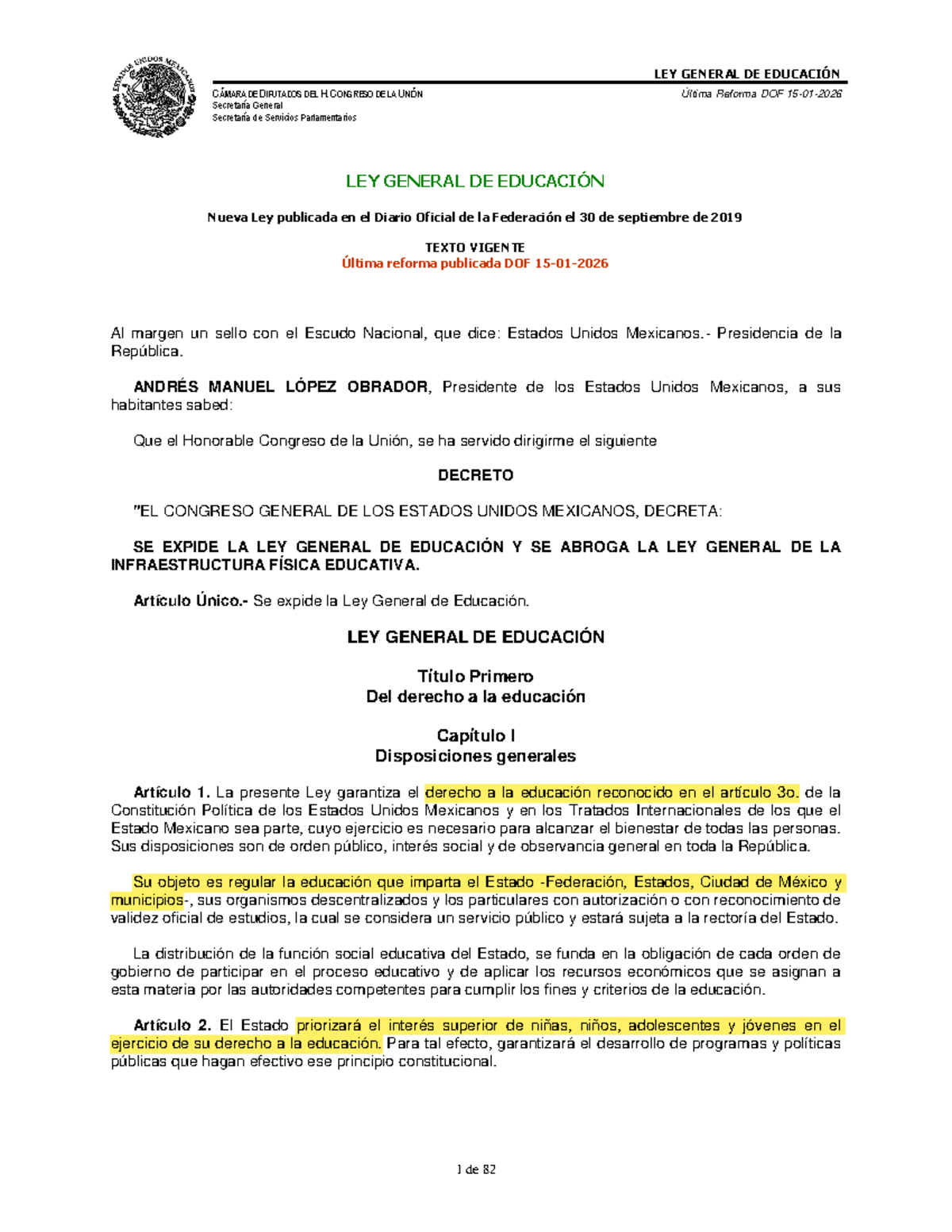 Ley General de Educación: Resumen y Últimas Reformas DOF - Studocu
