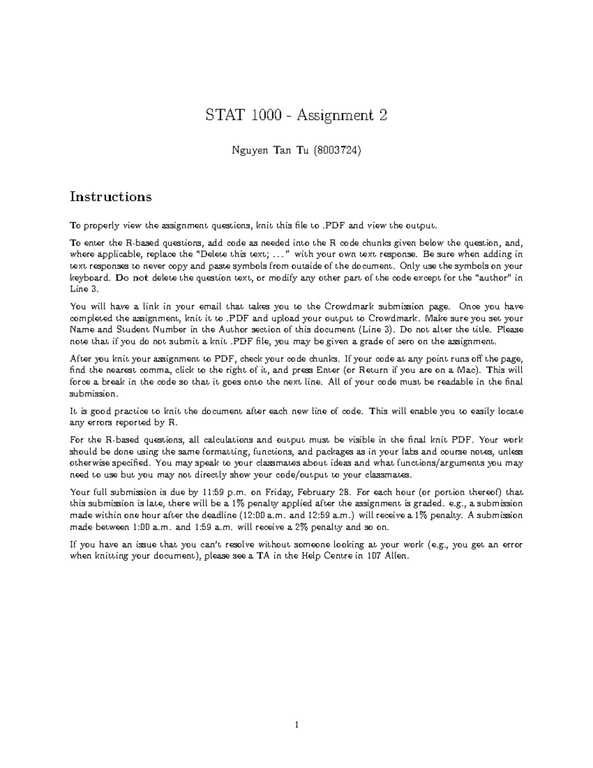 STAT 1000 Assignment 2 - Data Analysis and Regression Techniques - Studocu