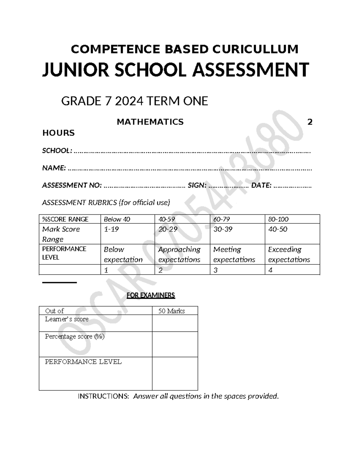 Grade 7 Mathematics Assessment Term 1 2024 - Competence Based ...