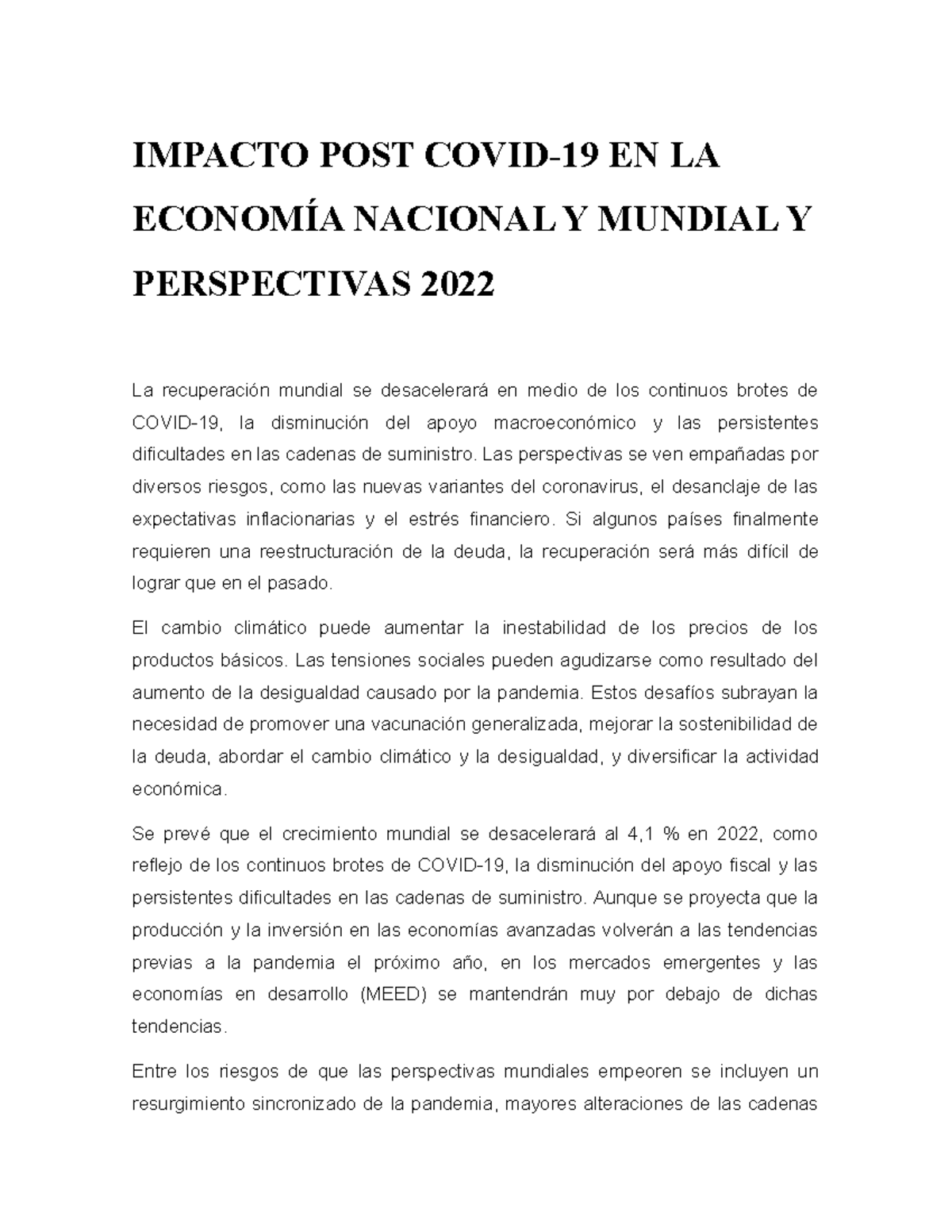 Impacto del COVID-19 en la Economía Nacional y Mundial: Perspectivas ...