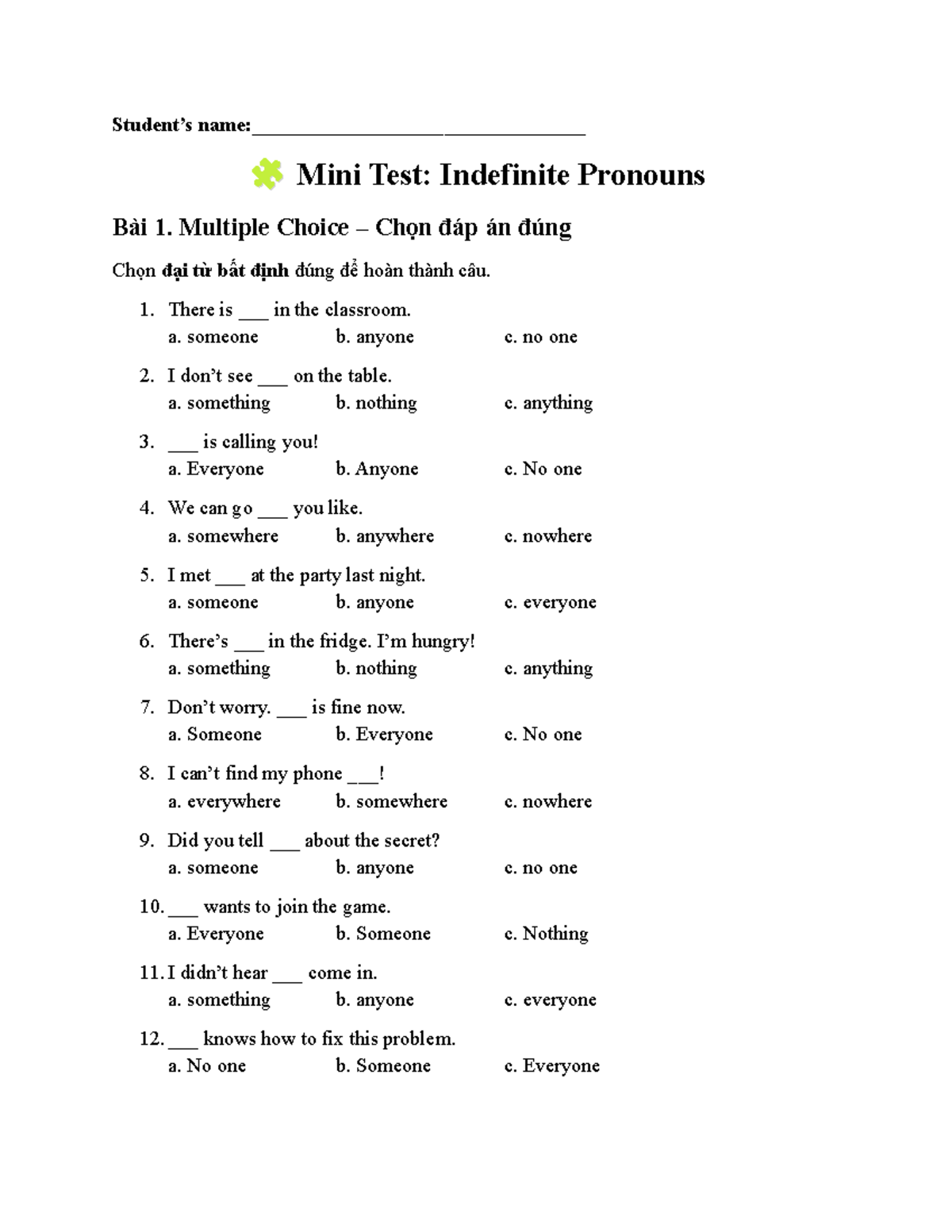 Mini Test: Indefinite Pronouns (Bài 1-3) - Studocu