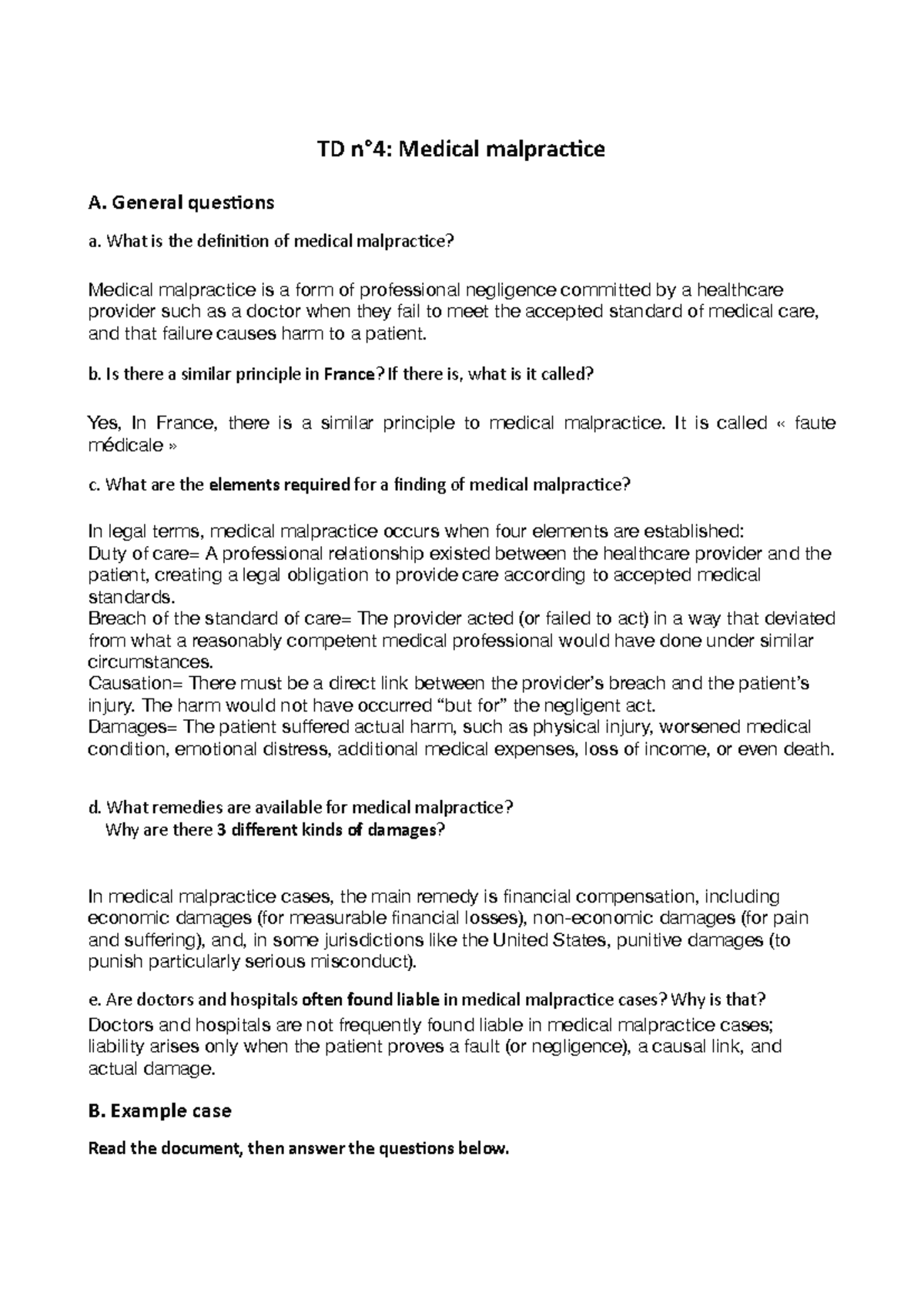 TD Medical Malpractice Case Study: Key Questions & Analysis - Studocu