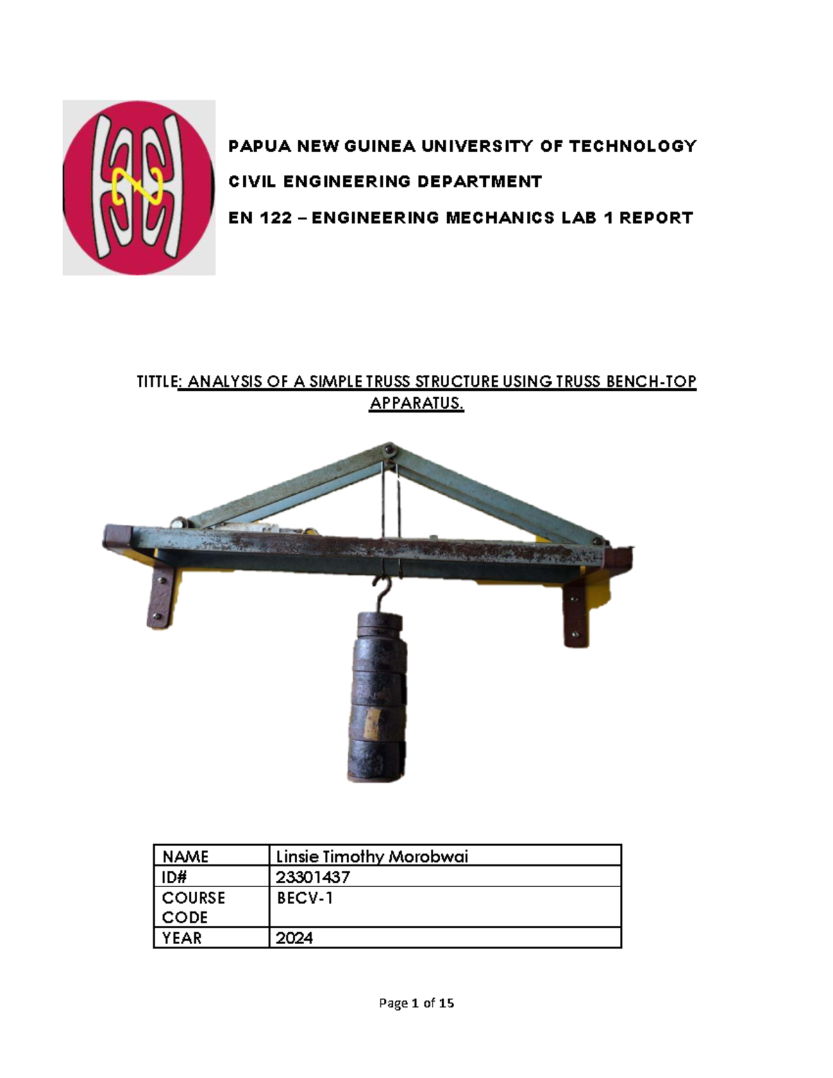 EN 122 Lab Report: Analysis of a Simple Truss Structure Using Apparatus ...
