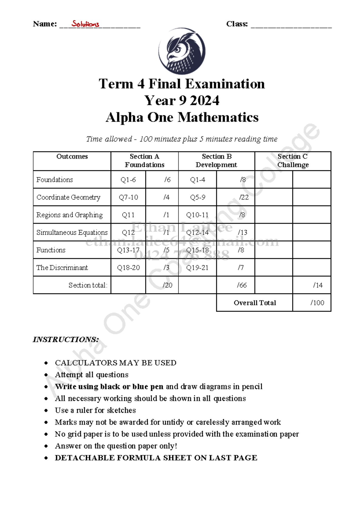 Year 9 Maths Term 4 Final Exam Solutions - Coordinate Geometry ...