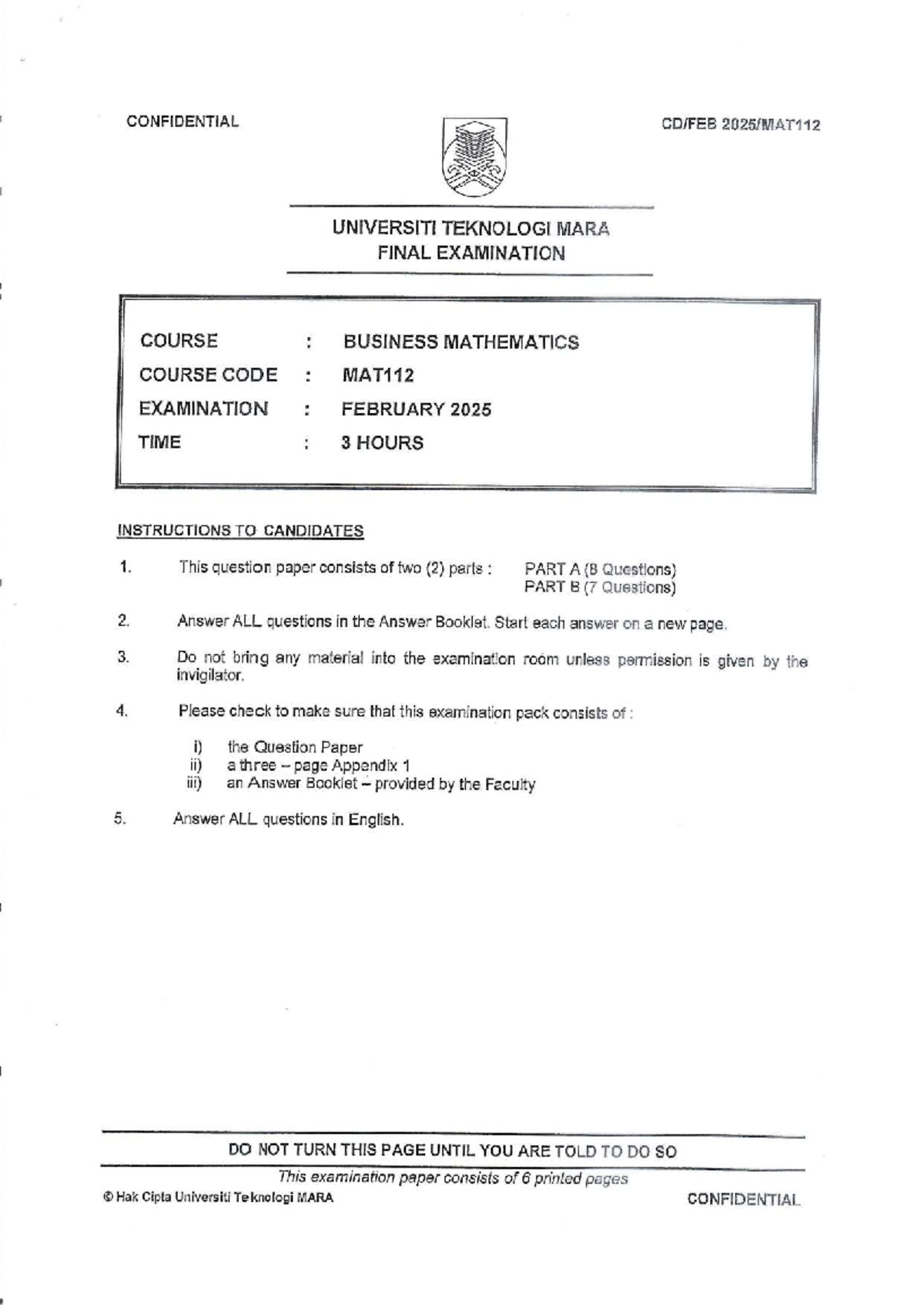 MAT112 Final Exam Paper - Business Mathematics February 2025 - Studocu