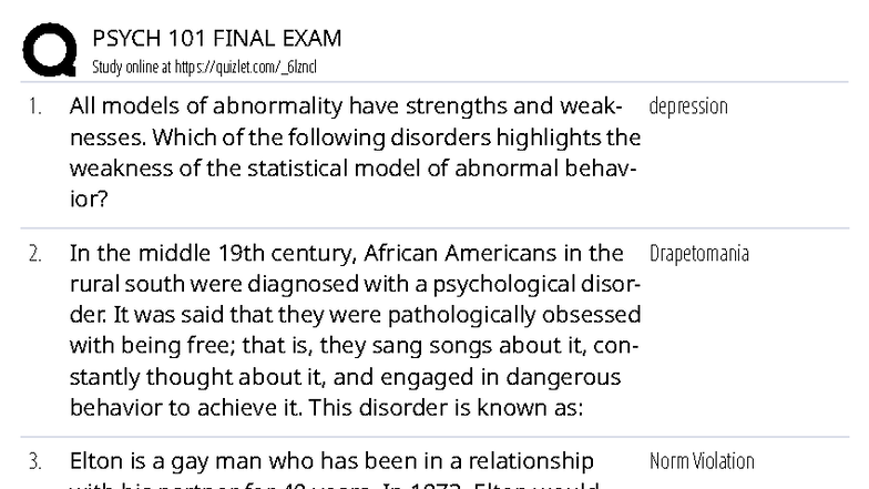 PSYCH 101 FINAL EXAM Study Guide: Key Concepts and Disorders - Studocu