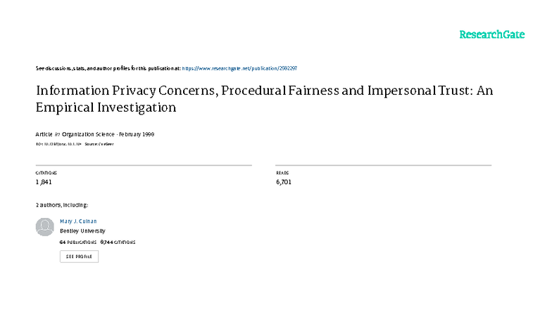 Information Privacy, Fairness, and Trust: An Empirical Study (ORG SCI ...