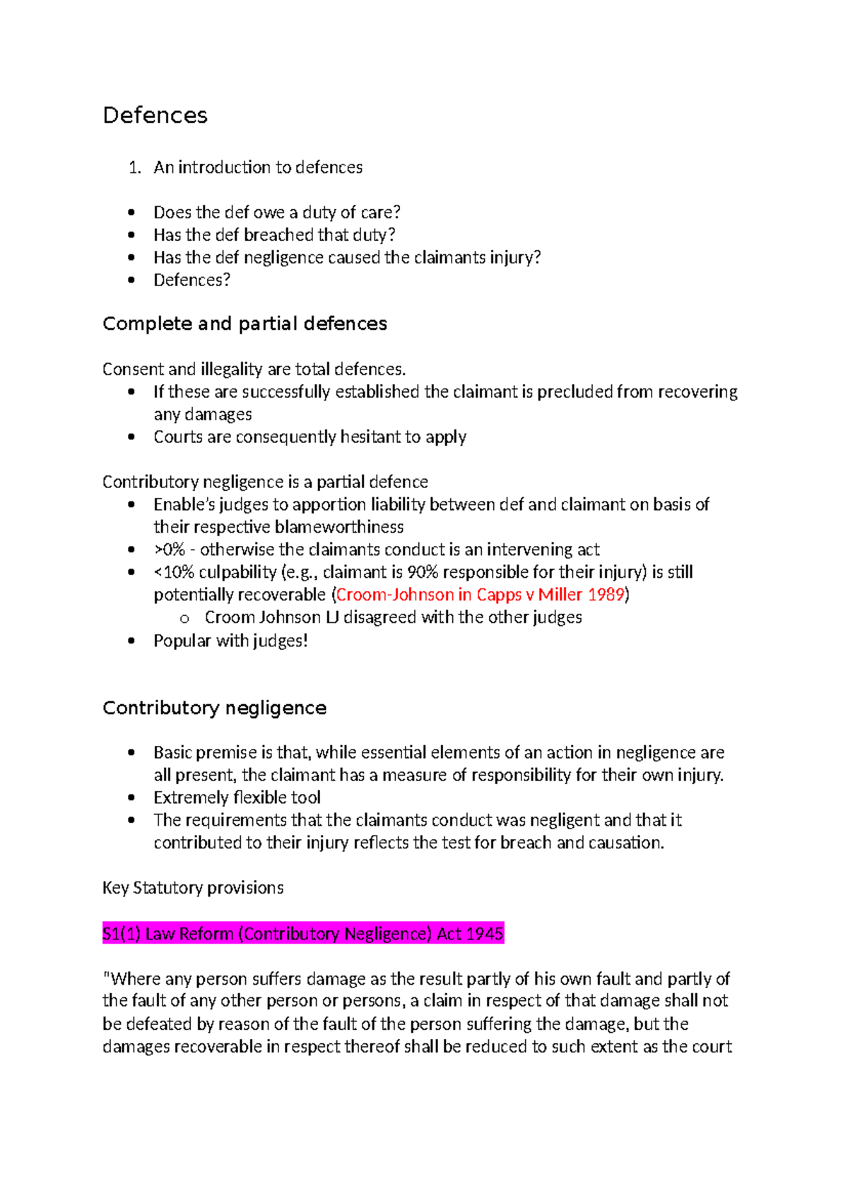 Tort defences - Lecture notes on duty of care and contributory ...