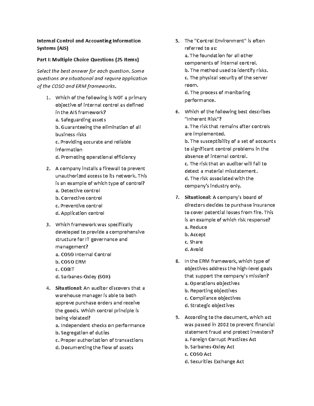 AIS Internal Control Quiz: Multiple Choice Questions (25 Items) - Studocu
