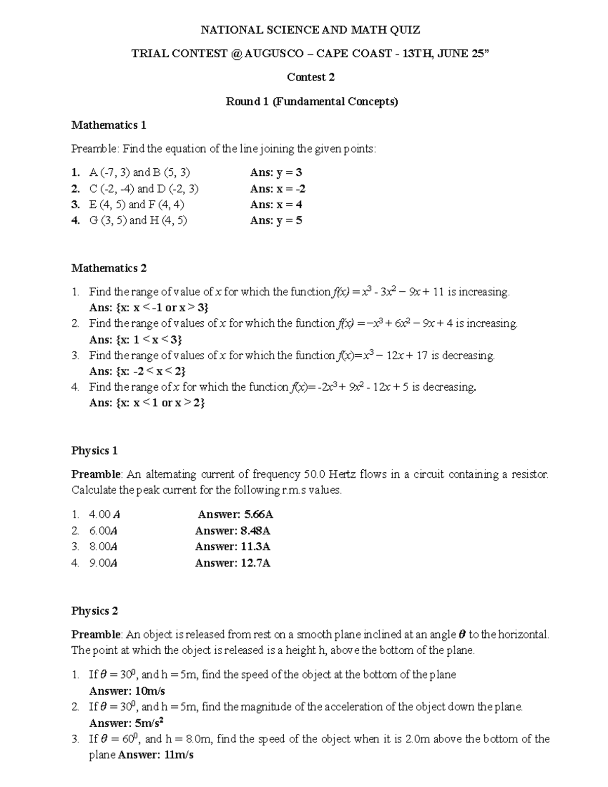 Augusco National Science & Math Quiz Trial Contest 2 - June 13 - Studocu