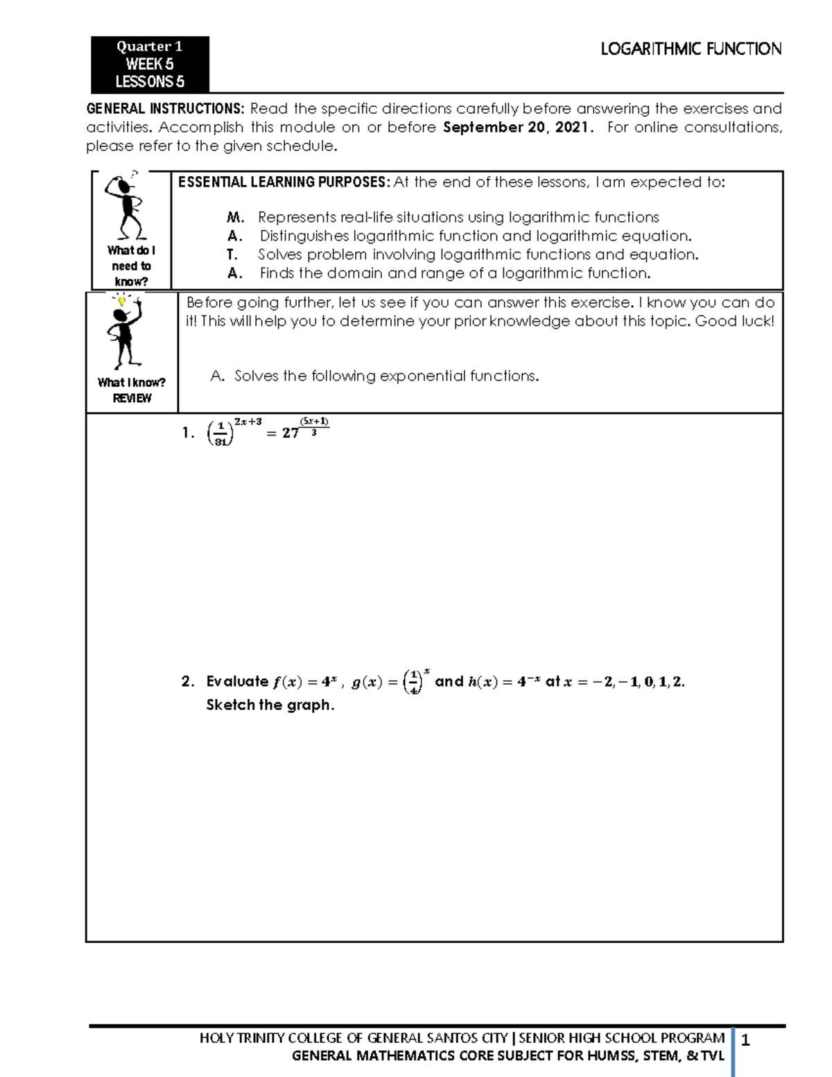 LOGARITHMIC FUNCTIONS WEEK 5 LESSONS - GENERAL MATH (MATH 101) - Studocu