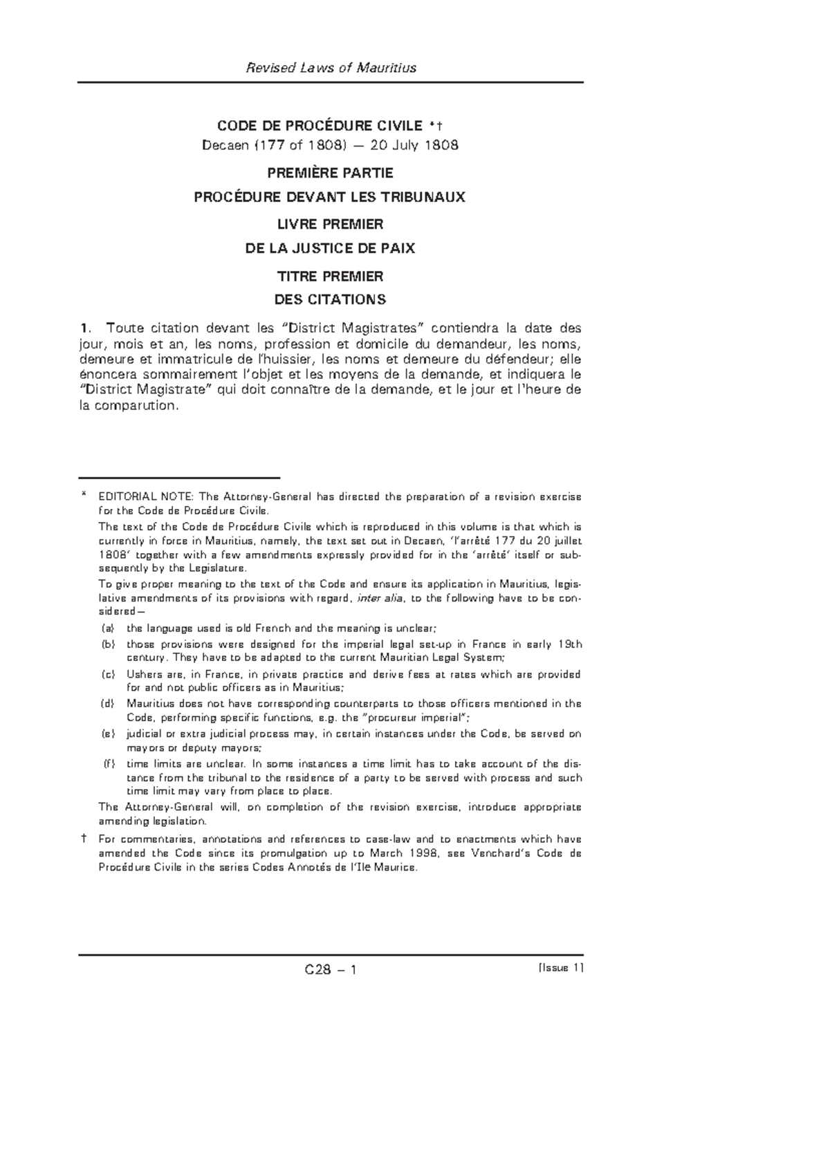 Revised Code de Procédure Civile de Maurice - C28 - Studocu