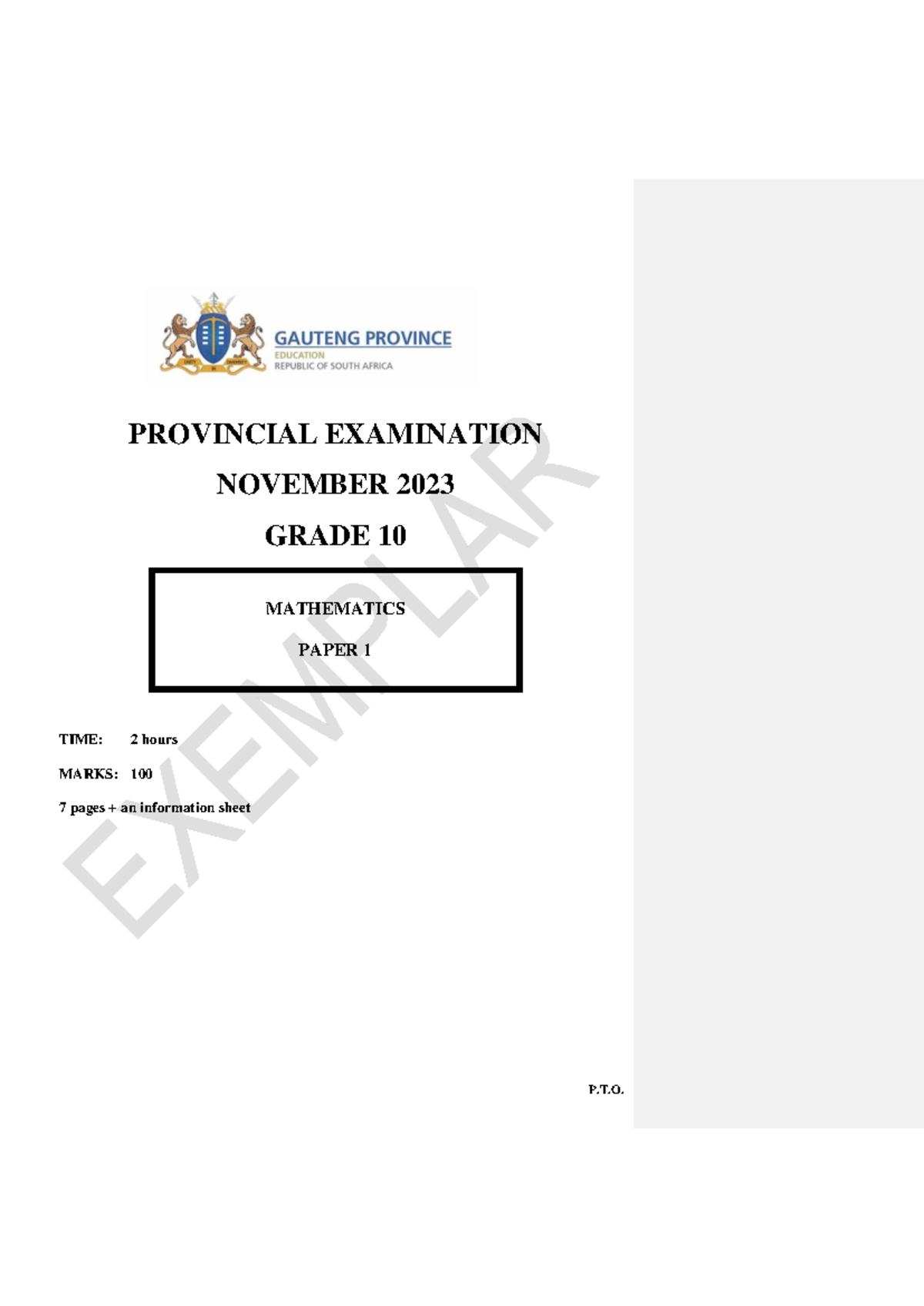 Grade 10 Math P1 November 2023 Exam Questions and Instructions - Studocu