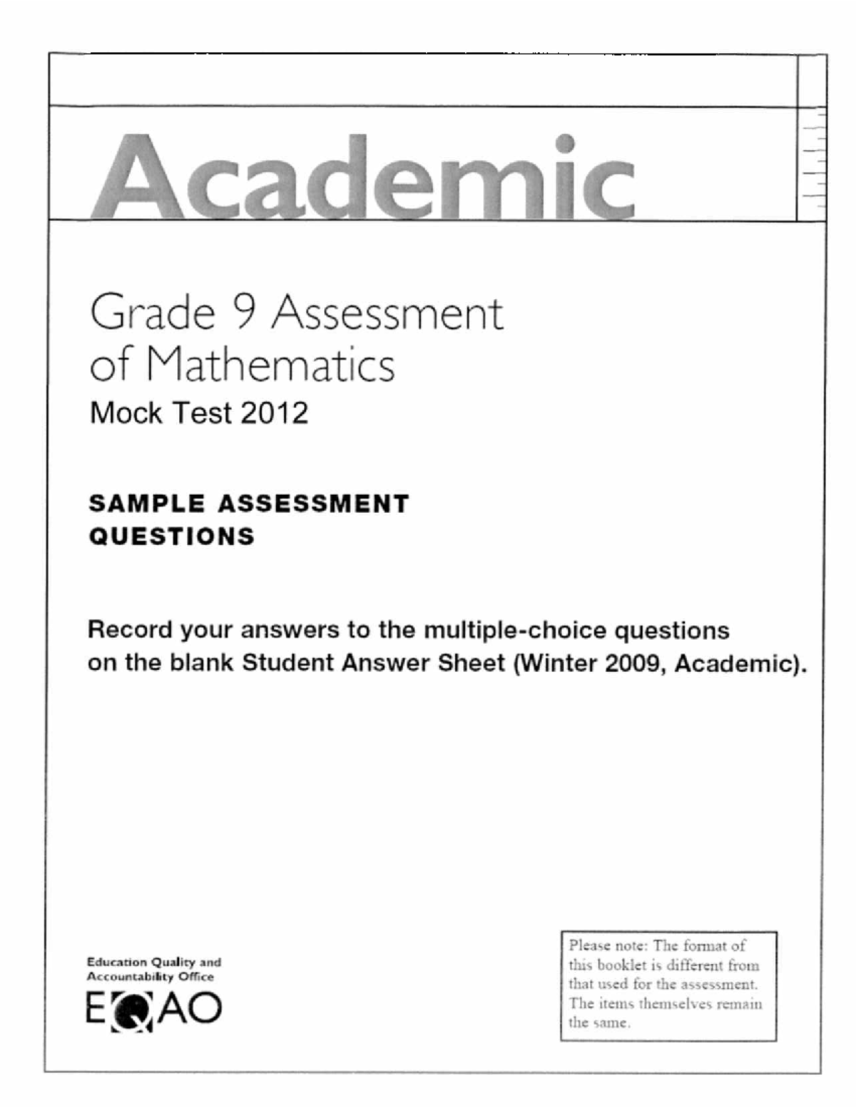 Grade 9 Math Mock Test Answer Key 2012 - Sample Questions & Responses ...