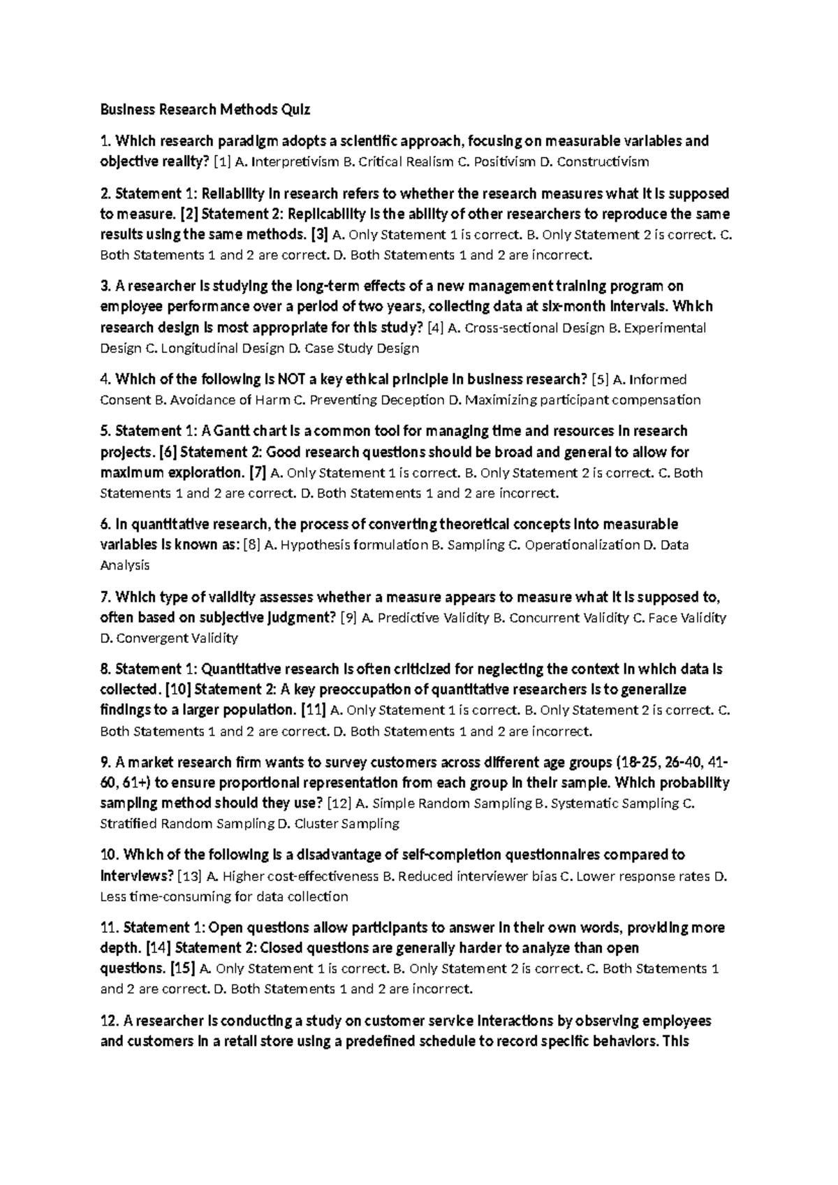 Business Research Methods Quiz 1: Exam Questions on Methodology ...