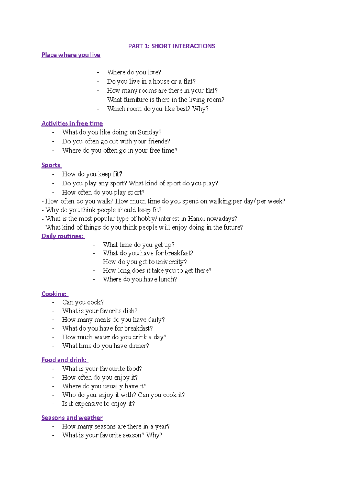 ED course 1 suggested speaking - PART 1: SHORT INTERACTIONS Place where ...