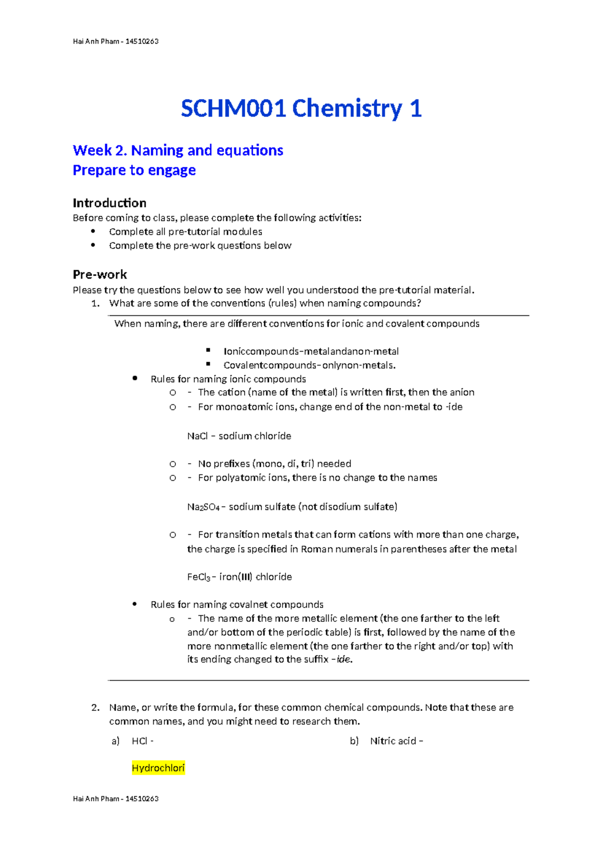 SCHM001 Chemistry 1 Week 2: Naming Compounds & Equations - Studocu