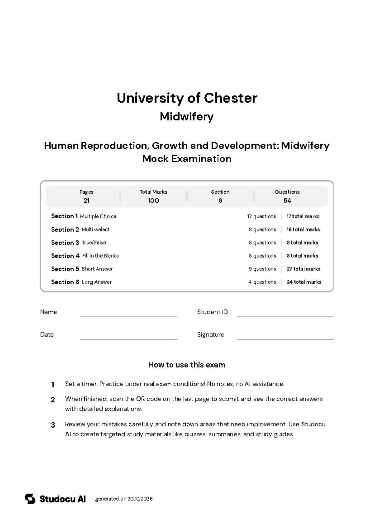 Human Reproduction, Growth and Development: Midwifery Mock Exam - Studocu