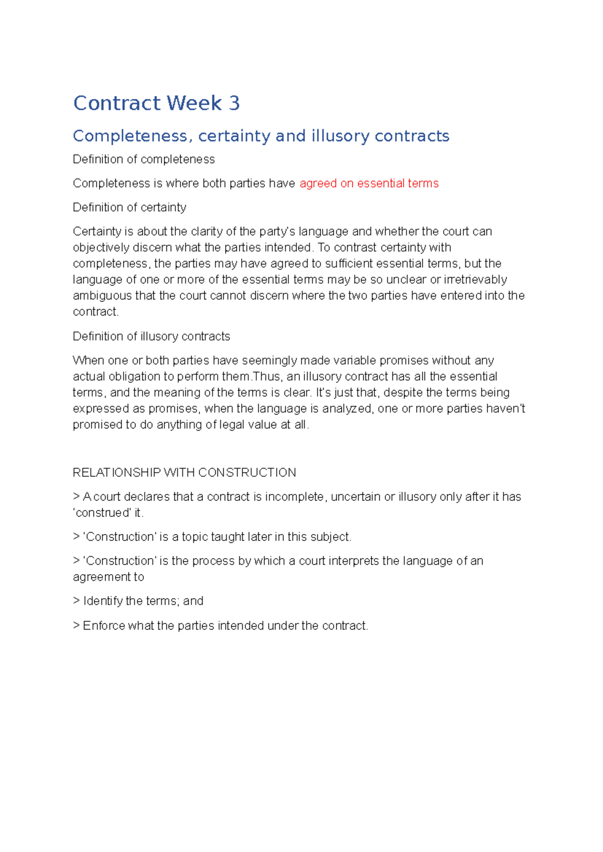 Contract Week 3: Completeness, Certainty, and Illusory Contracts - Studocu