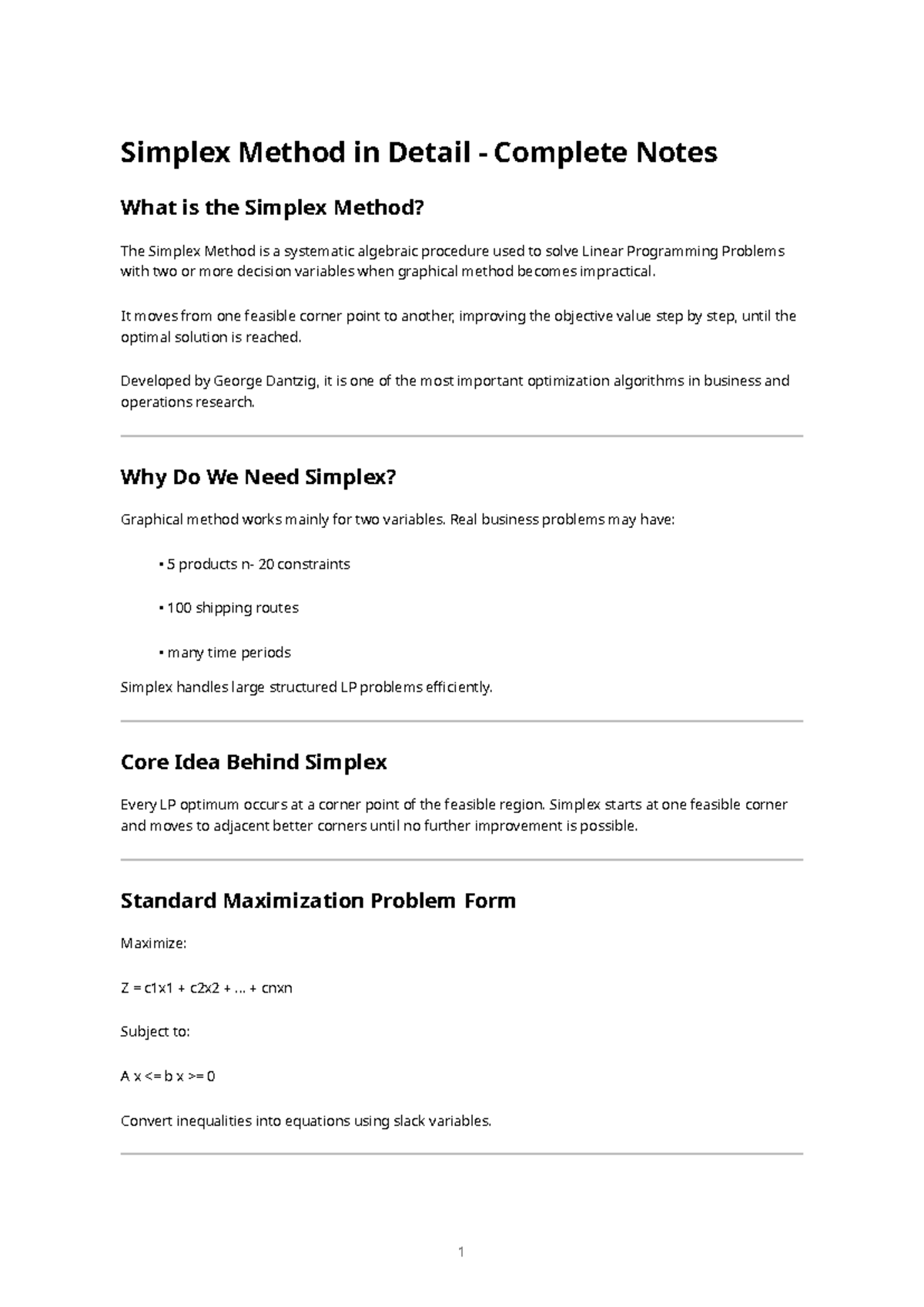Simplex Method (LP) - Detailed Complete Notes for Optimization - Studocu
