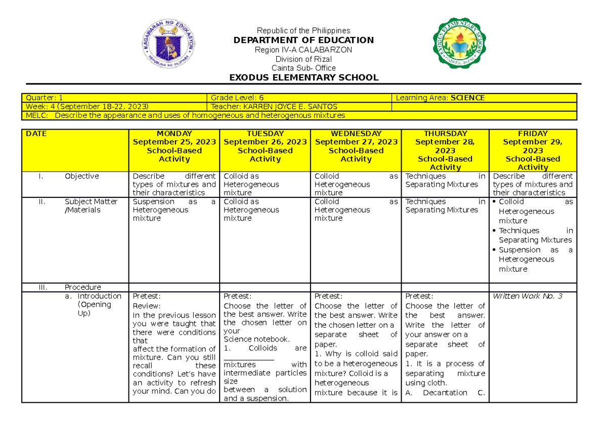 Weekly Learning Plan - Republic of the Philippines DEPARTMENT OF ...