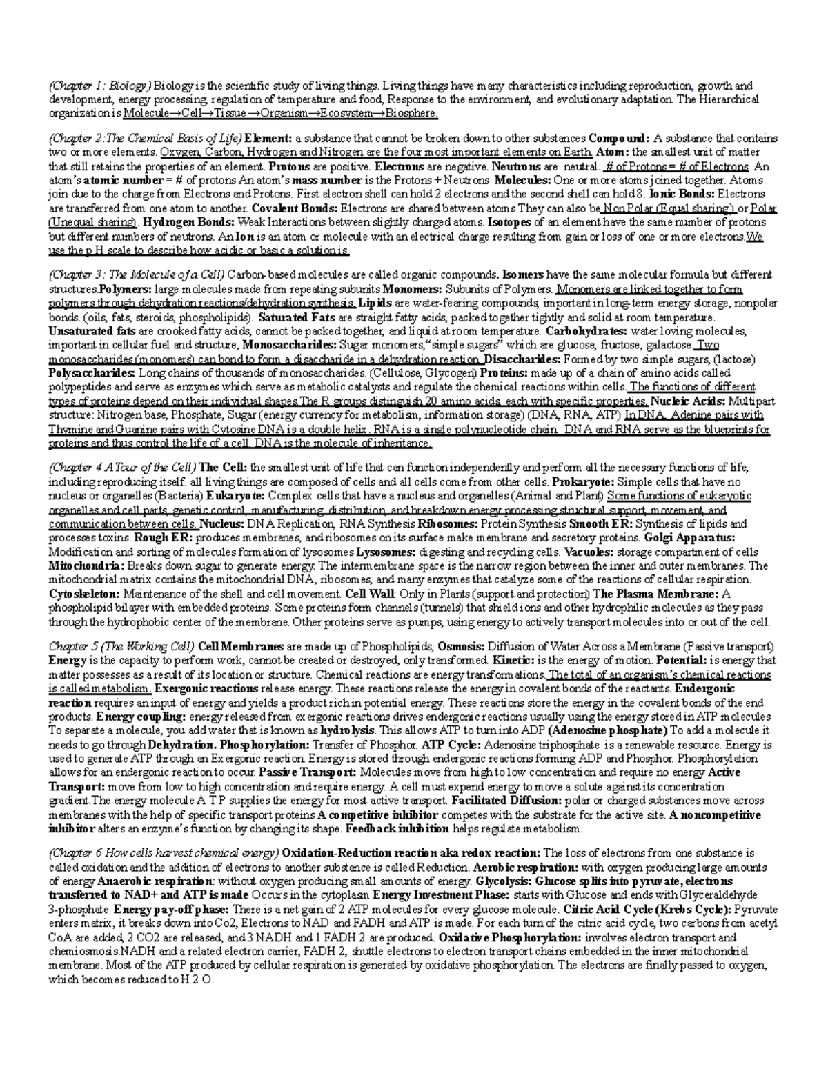 BIO 1015 Cheat Sheet - (Chapter 1: Biology) Biology is the scientific ...