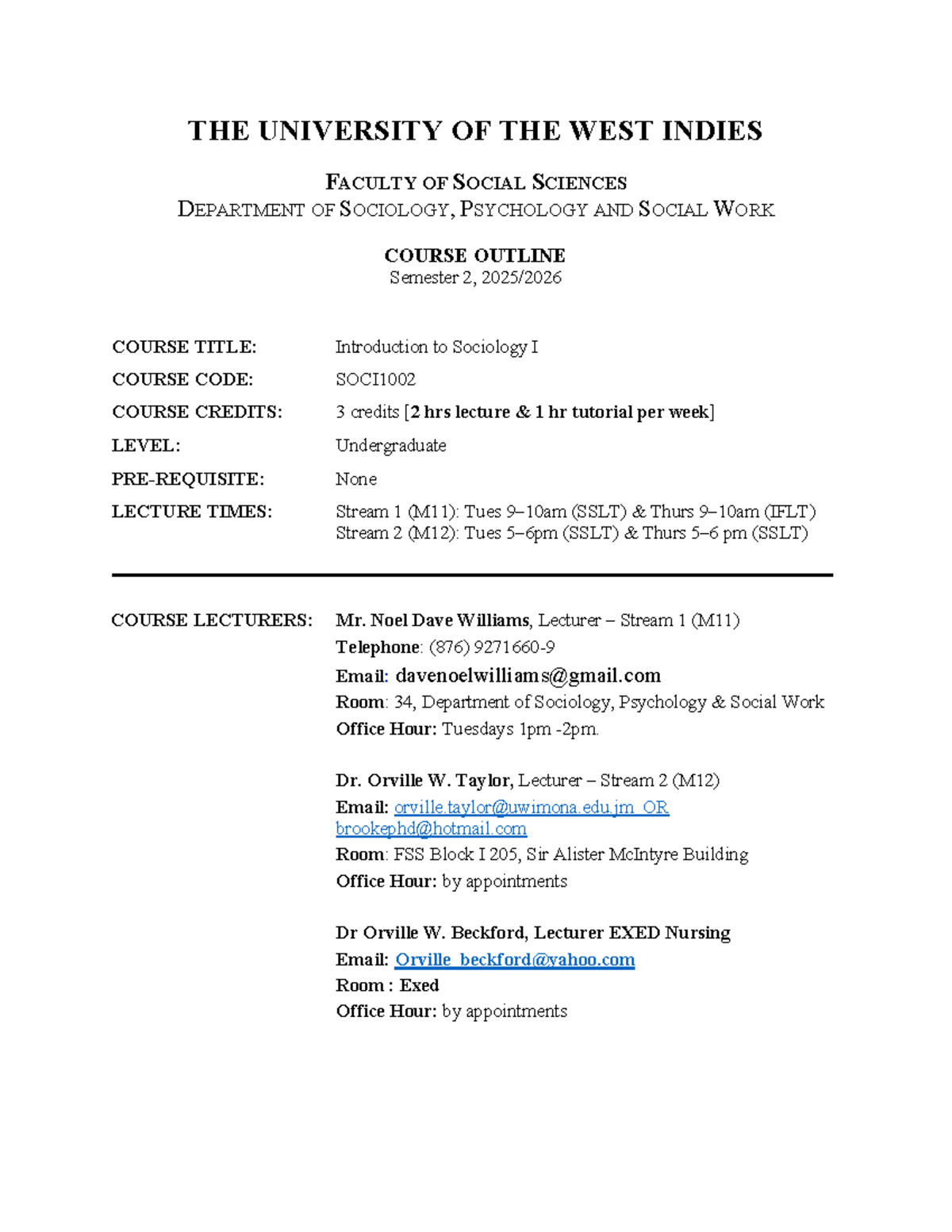 SOCI1002 Introduction to Sociology I Course Outline Semester 2 2025 ...