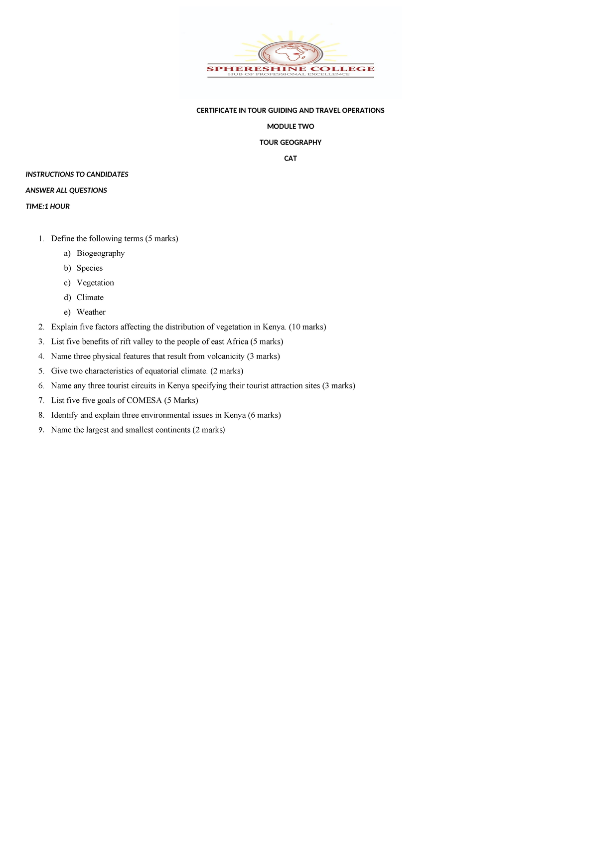 Certificate in Tour Guiding & Travel Ops: Module 2 Geography Practice ...