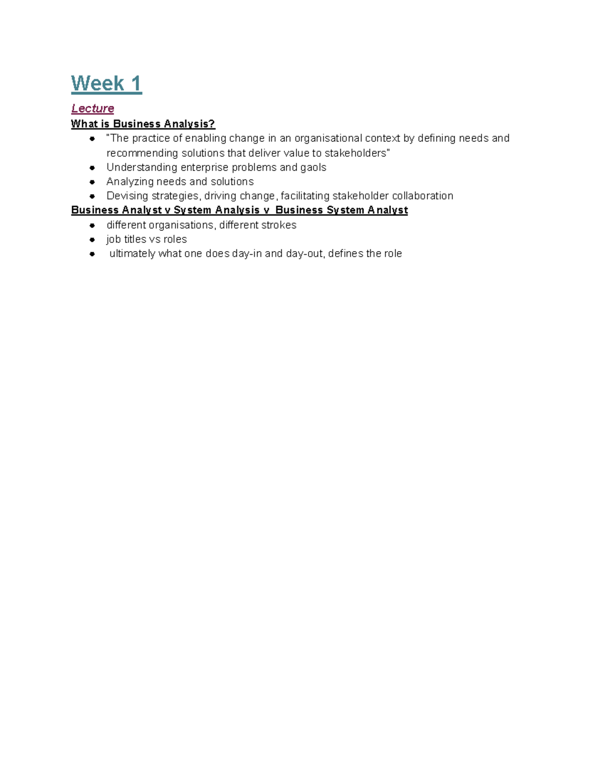 Business Analysis (BA) - Week 1 & 2 Lecture Notes on Agile Practices ...