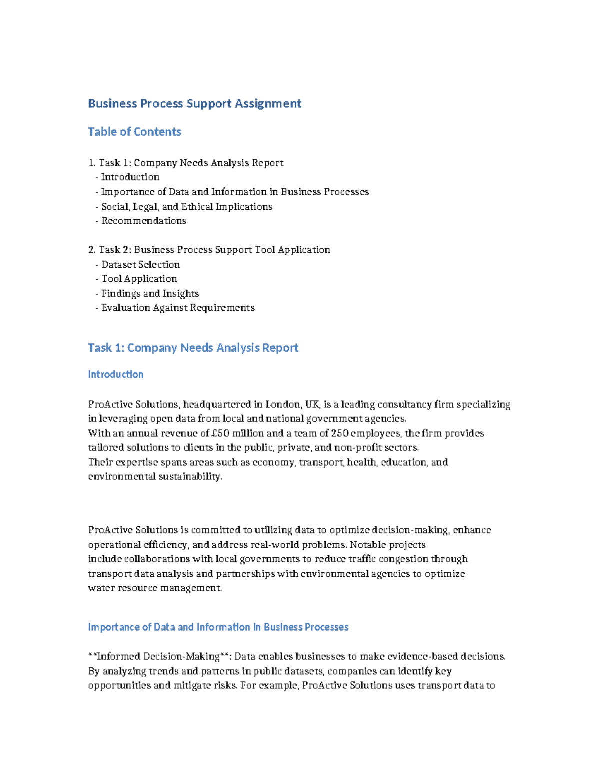 Business Process Support Assignment: Company Needs & Tool Application ...