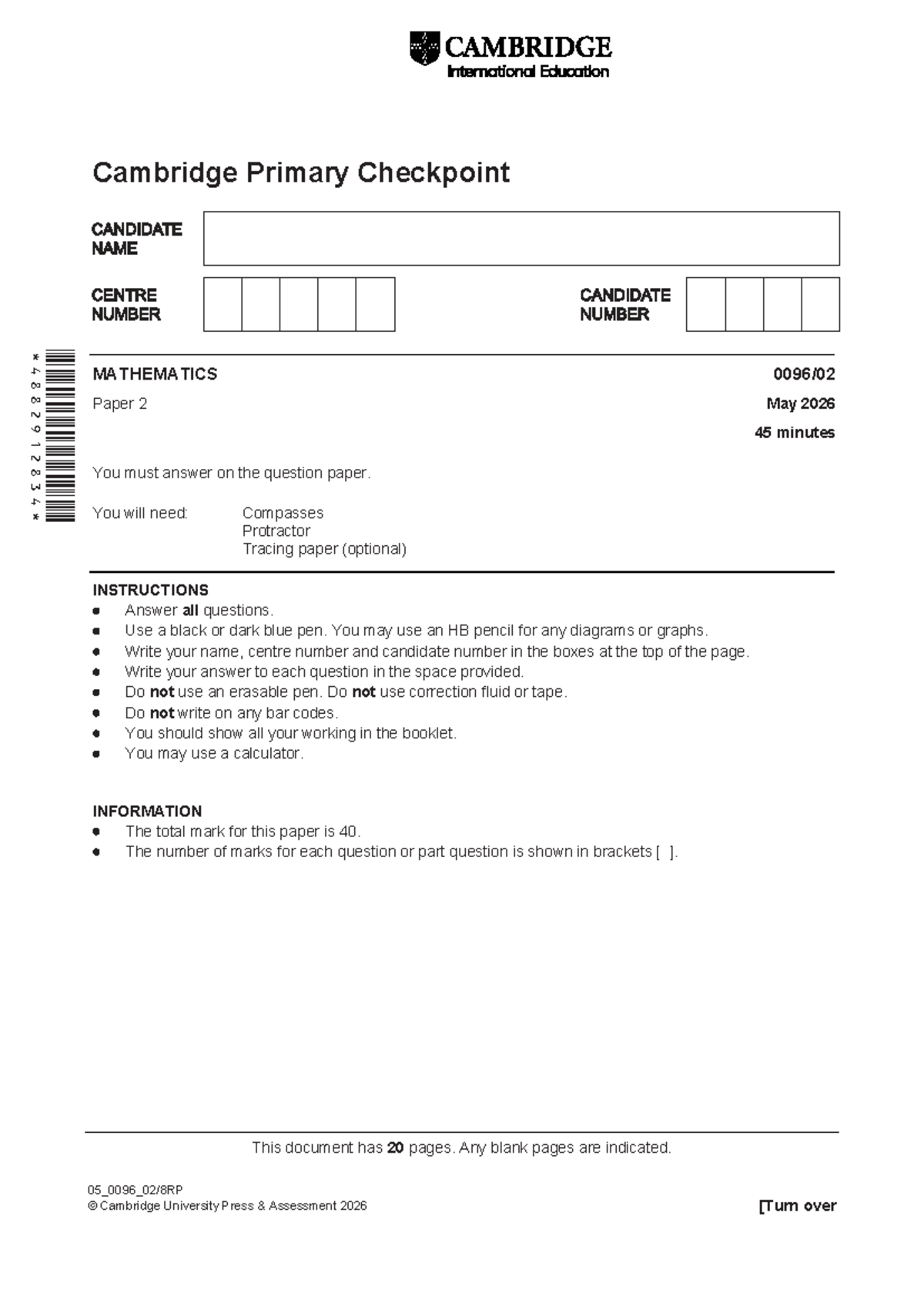 0096 Cambridge Primary Checkpoint Mathematics Paper 2 May 2026 - Studocu