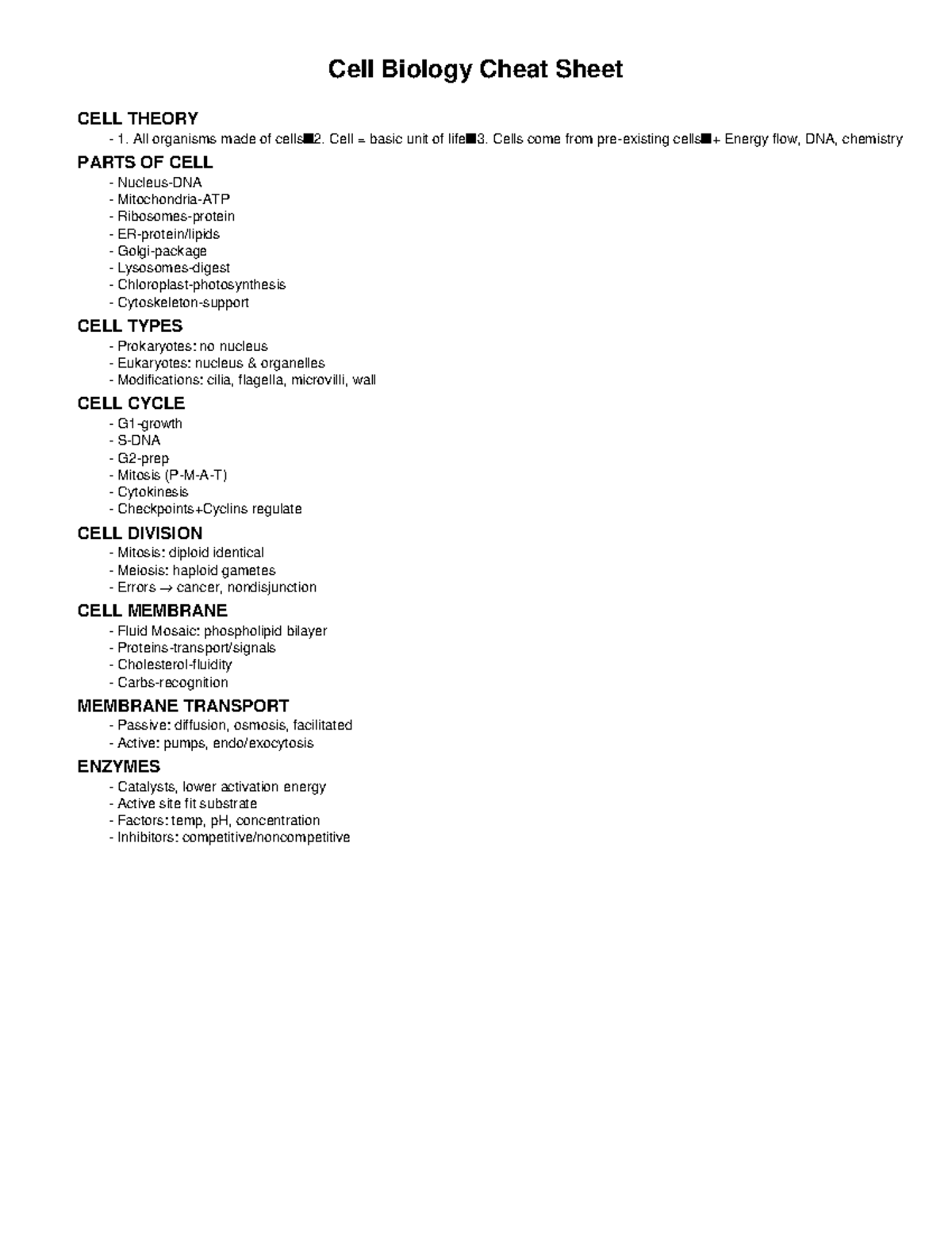 Cell Biology Cheat Sheet - Cell = basic unit of lifen3. Cells come from ...