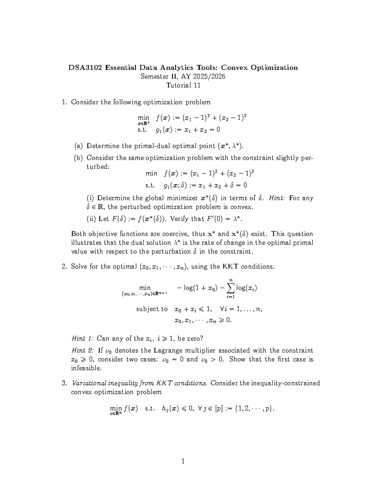 DSA3102 Tutorial 11 Solutions: Convex Optimization Techniques - Studocu