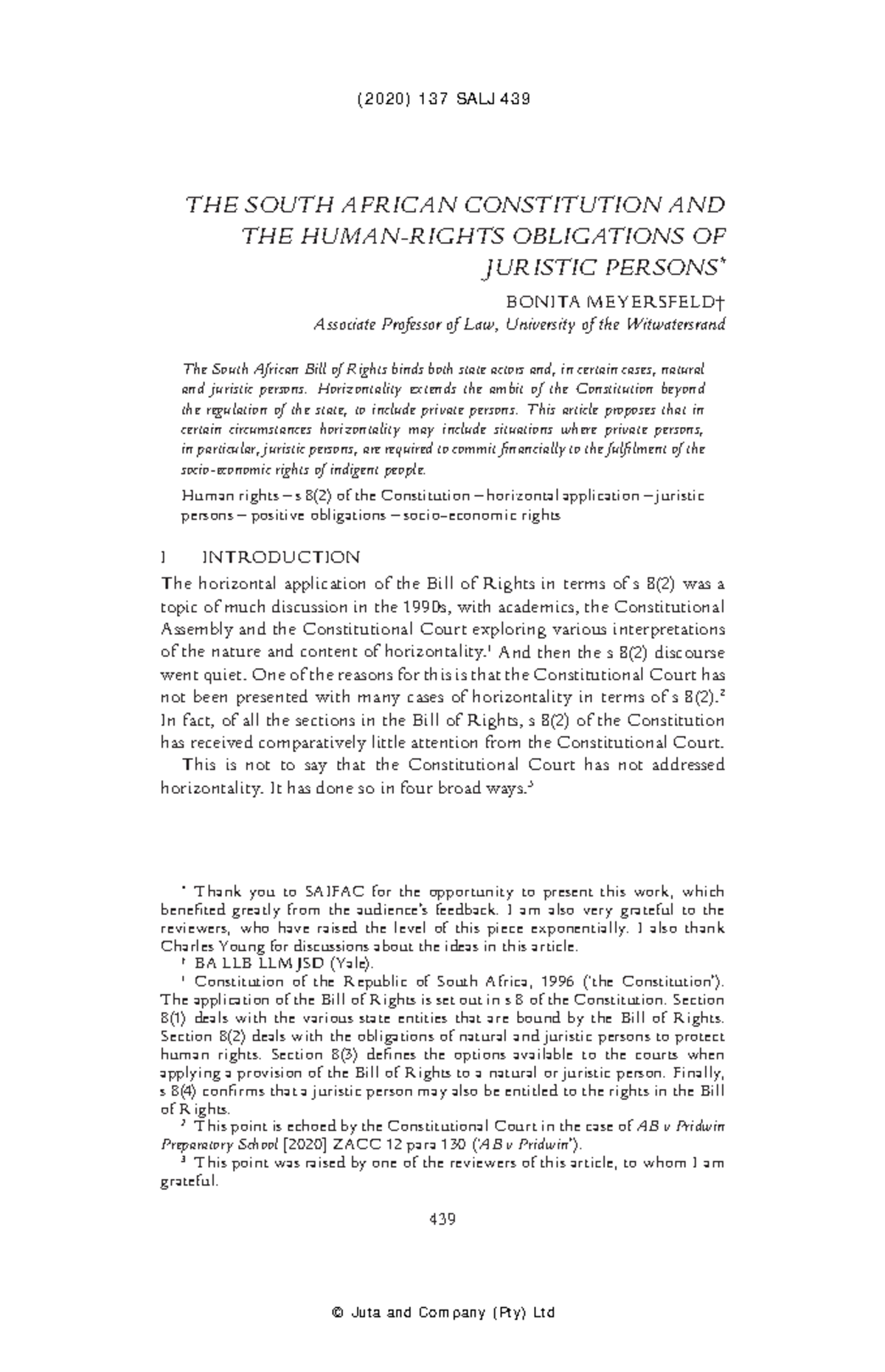The South African Constitution & Juristic Persons' Human Rights ...