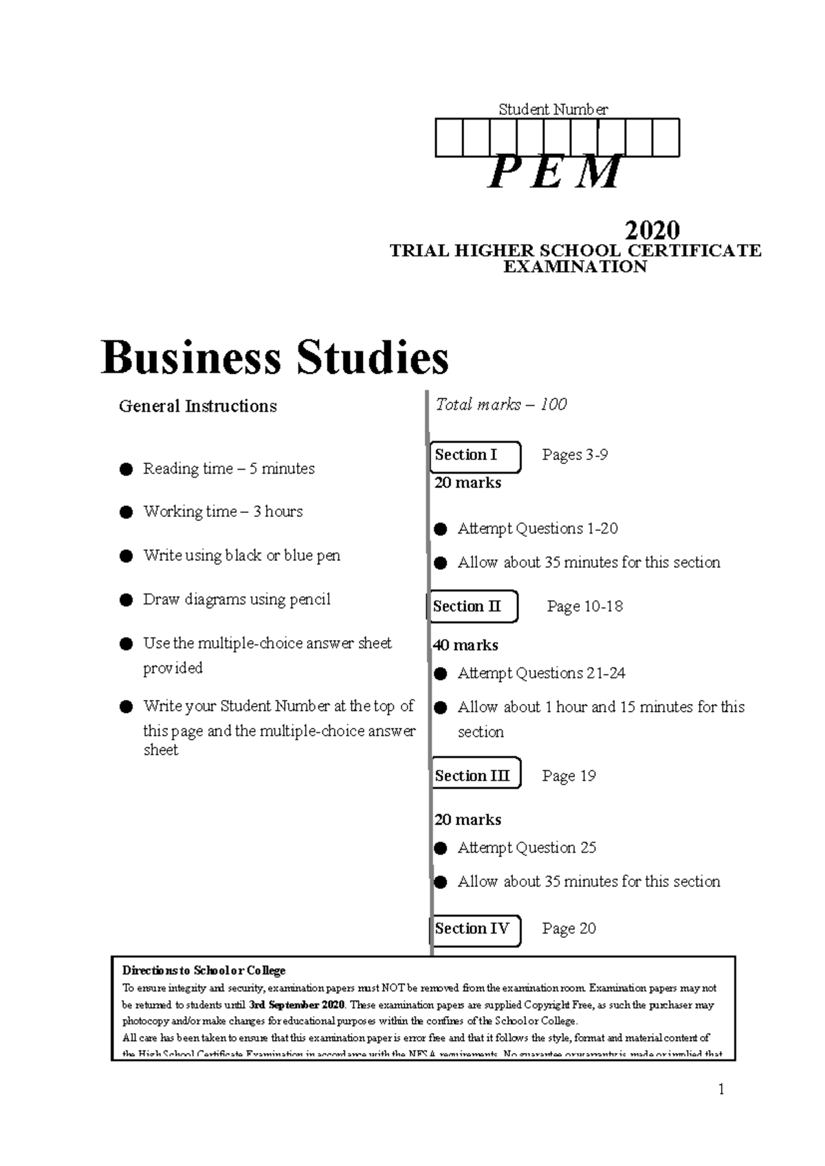 PEM 2020 Business Studies Trial HSC Exam Paper - Studocu