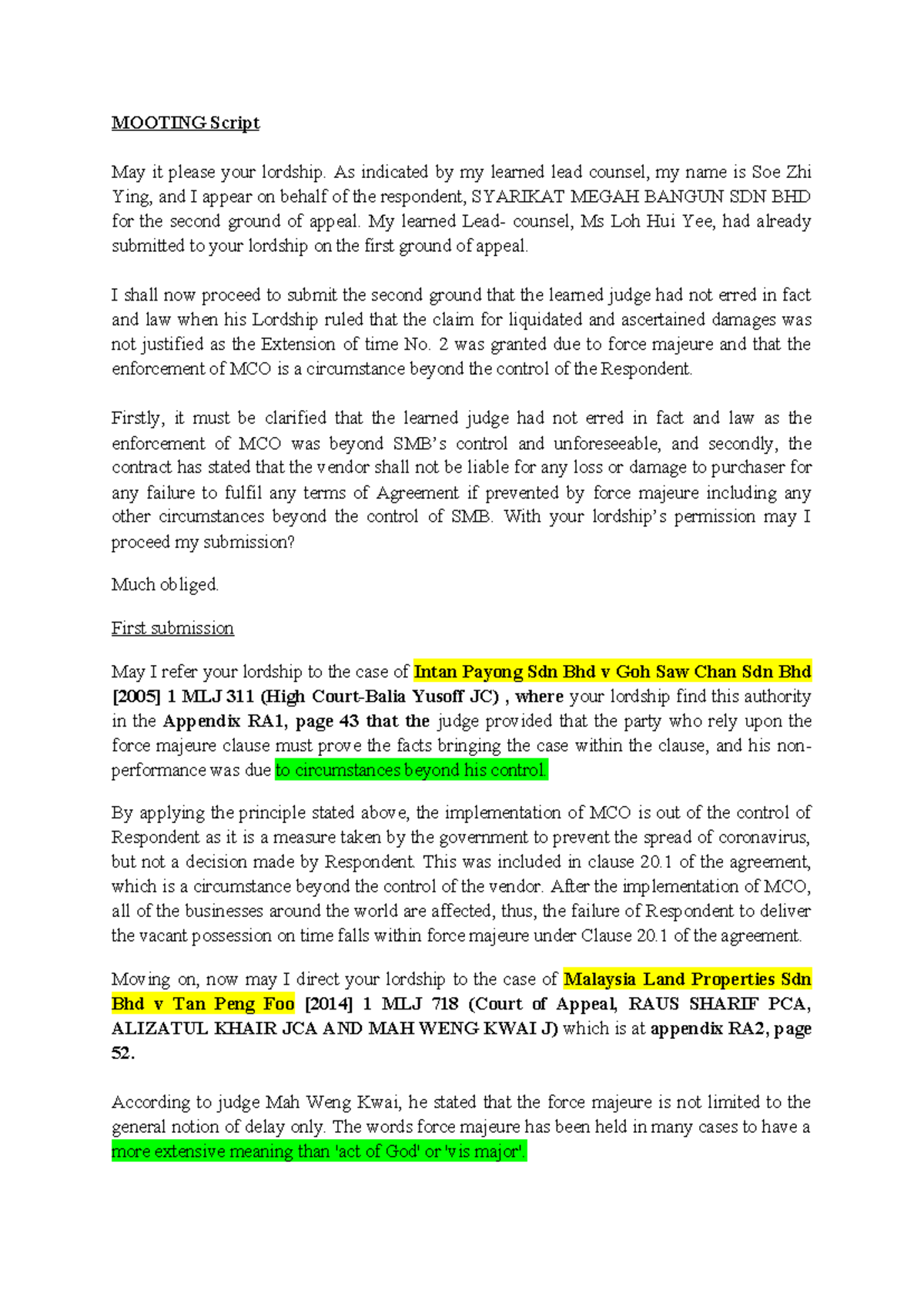 Mooting Script: Appeal Submission for SYARIKAT MEGAH BANGUN SDN BHD ...