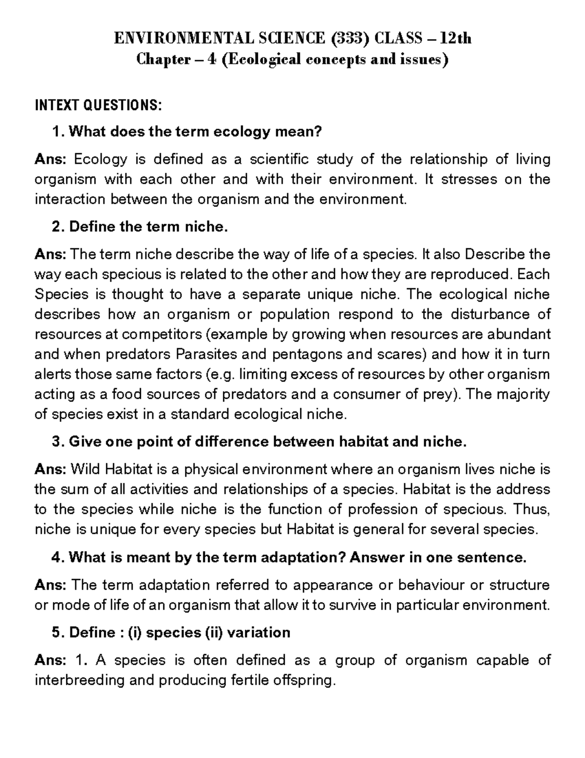 Environmental Science (333) Class 12 Chapter 4: Ecology Concepts - Studocu