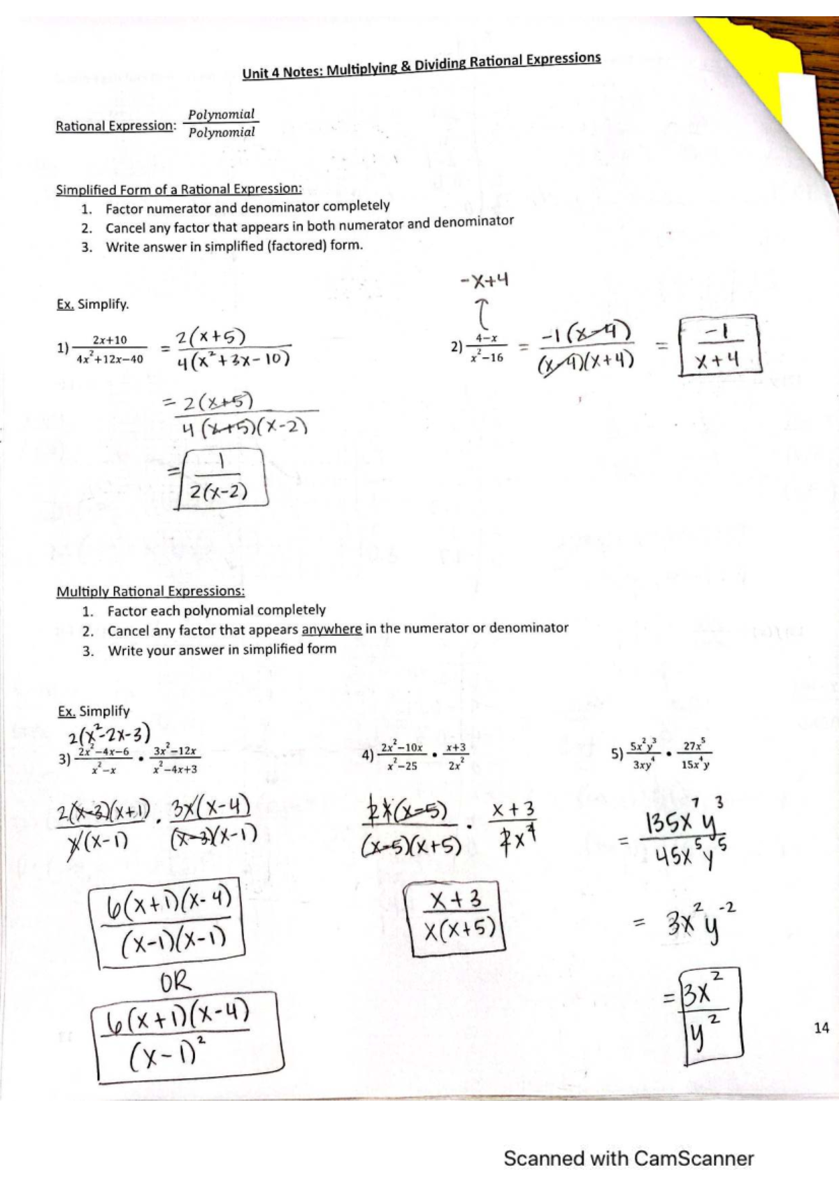 Unit 4 Notes: Multiplying & Dividing Rational Expressions - Studocu