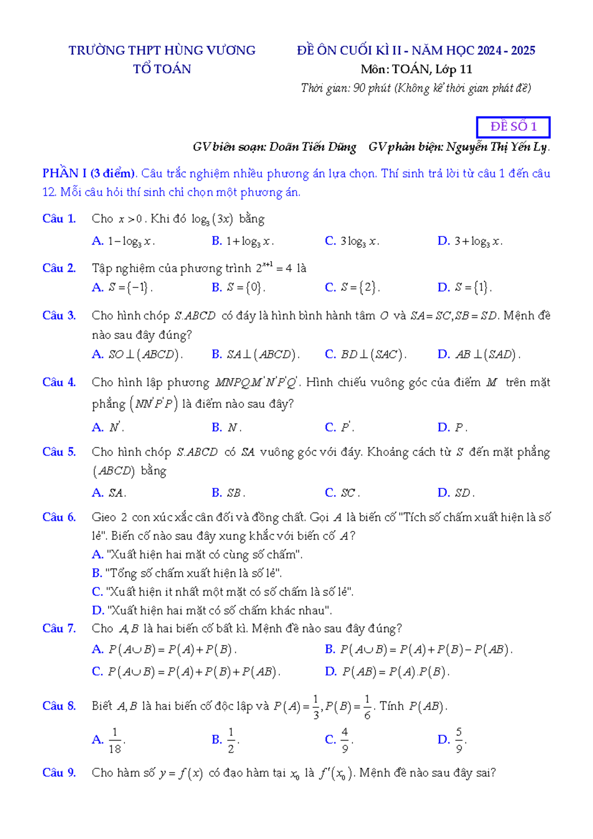 ĐỀ ÔN CUỐI KÌ II - TOÁN 11 - TRƯỜNG THPT HÙNG VƯƠNG - ĐỀ SỐ 1 - Document Preview