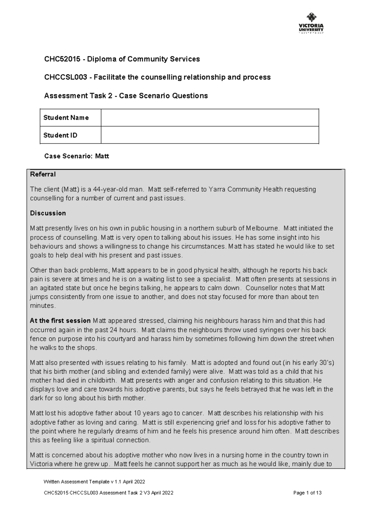 CHCCSL003 AT2 Case Scenario questions - CHC52015 - Diploma of Community ...