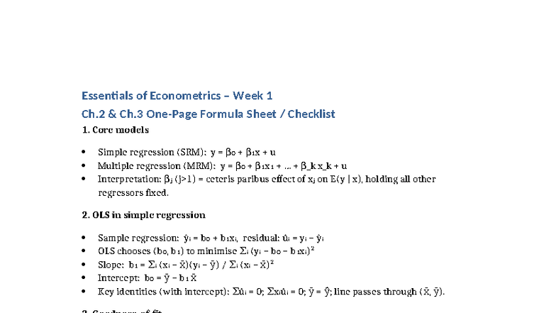 Essentials of Econometrics (ECO 101) Week 1 Formula Sheet - Studocu