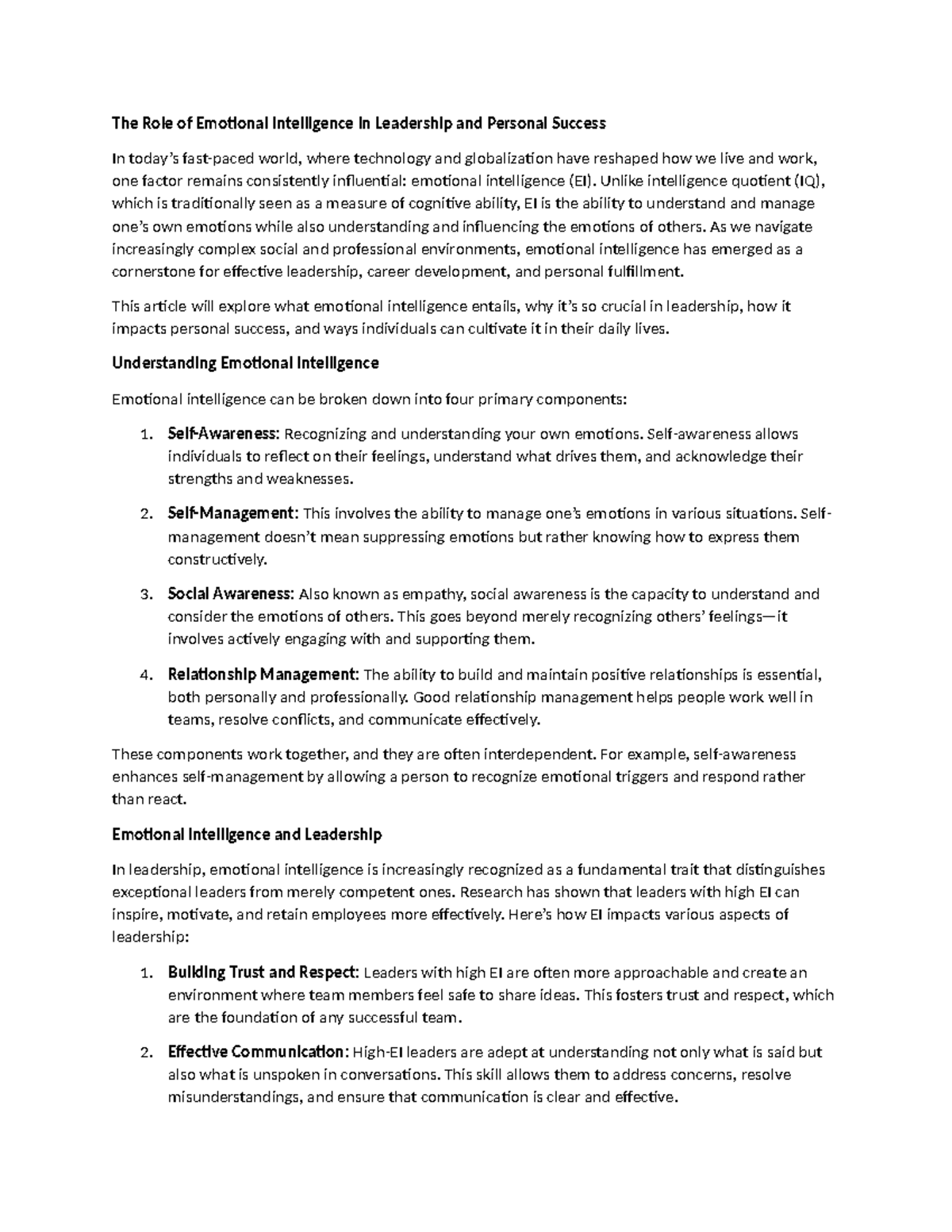 The Role of Emotional Intelligence in Leadership and Personal Success ...