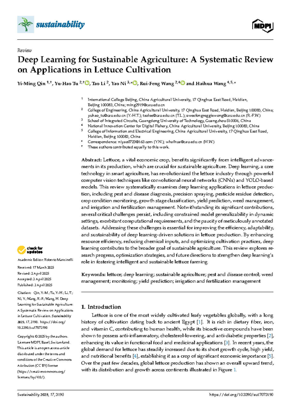 Deep Learning Applications in Sustainable Agriculture: A Systematic ...