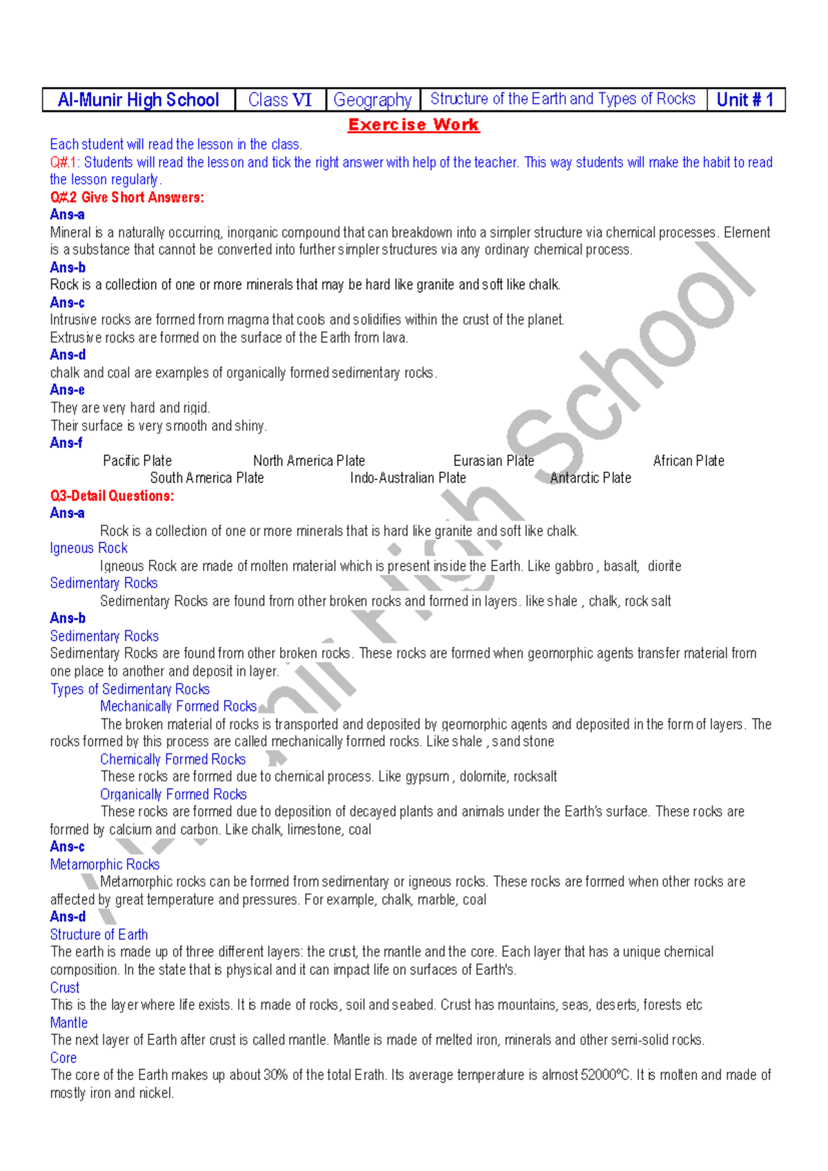 Class VI Geography Notes: Structure of Earth, Rocks & Natural Disasters ...