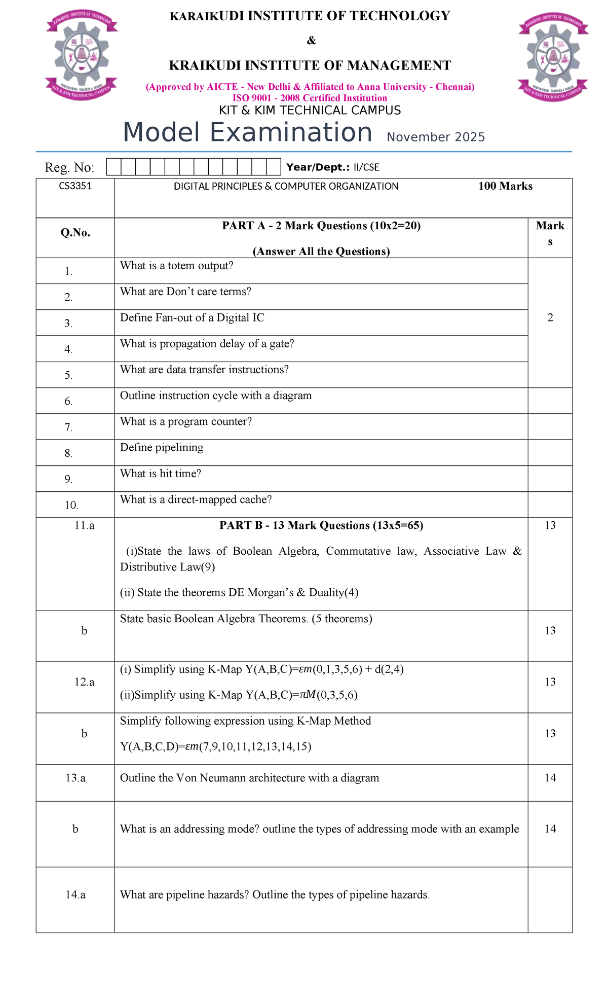 CS3351 Model Exam Questions on Digital Principles & Computer Org. - Studocu