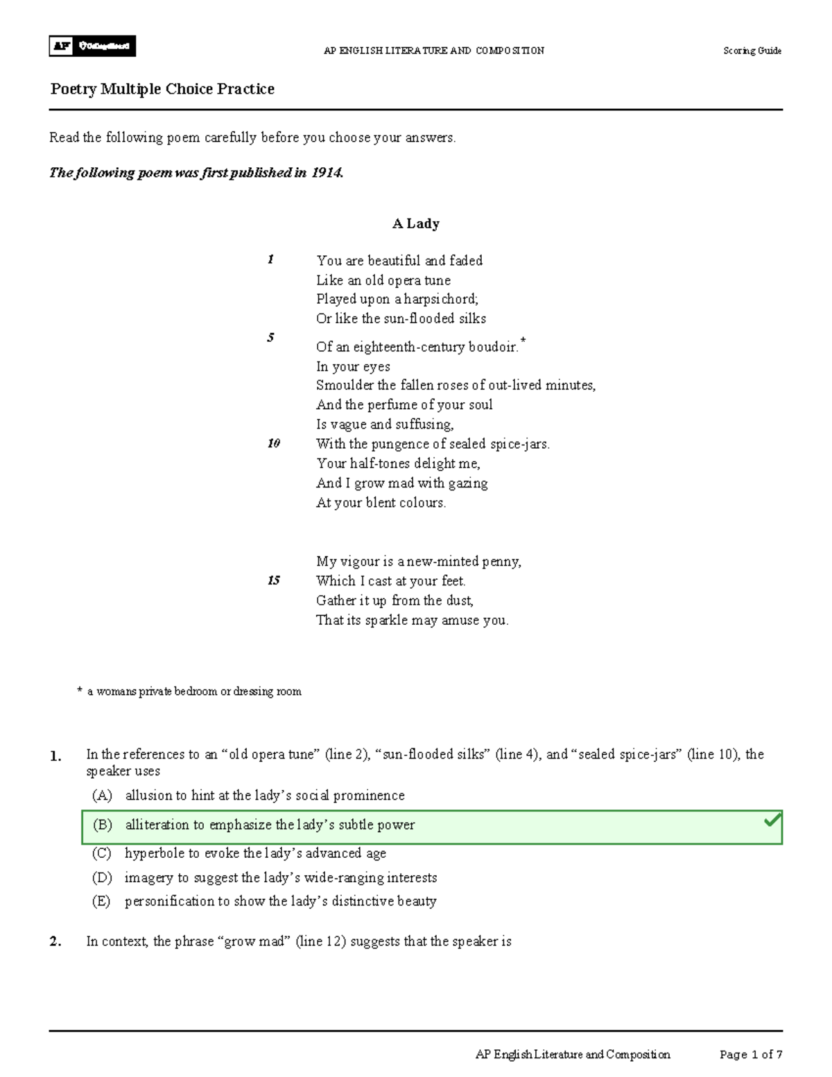AP ENGLISH LITERATURE AND COMPOSITION Poetry Multiple Choice Practice Guide  - Studocu